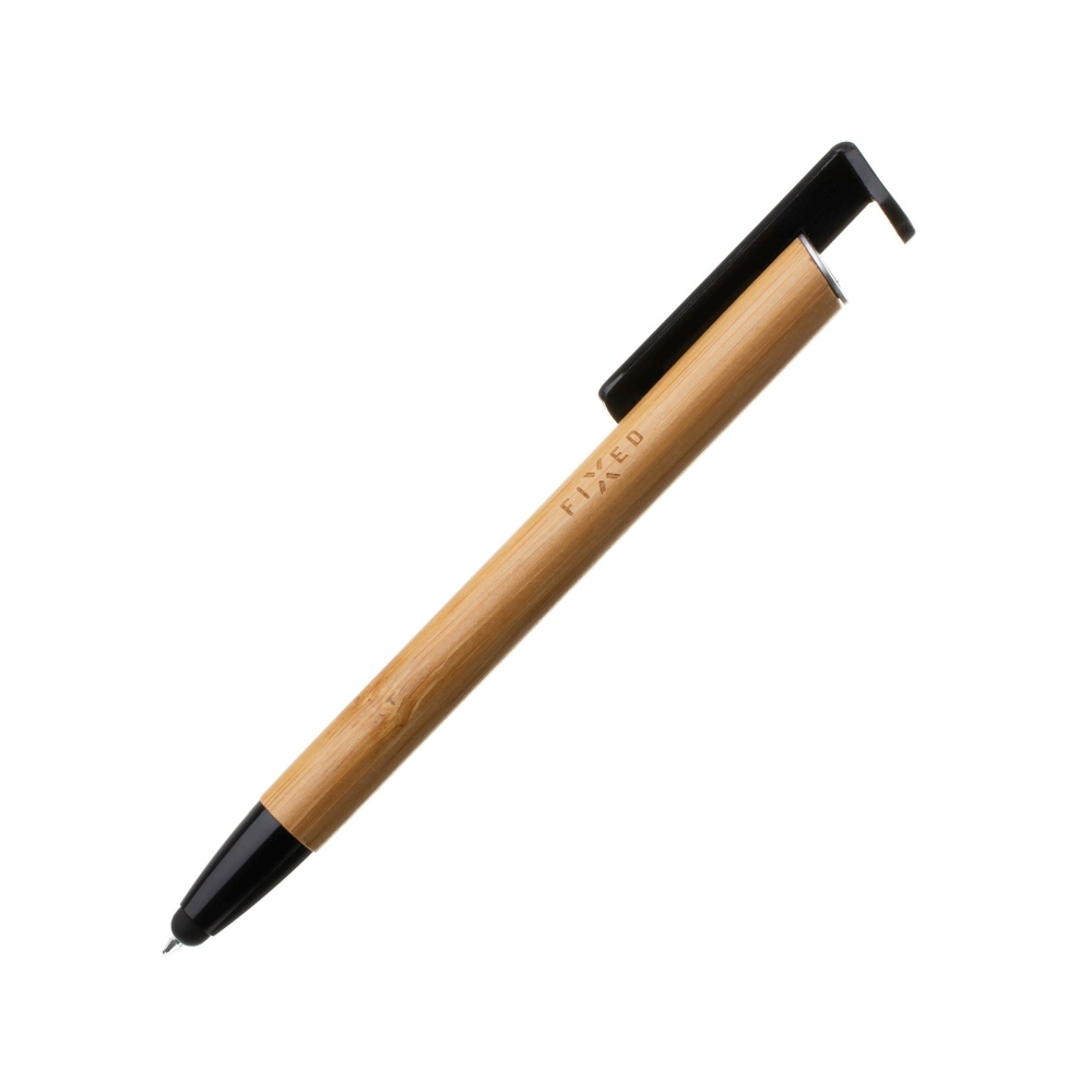Holzstift mit schwarzem Clip, Spitze. Das Wort FIXED ist aufgedruckt. Weißer Hintergrund.