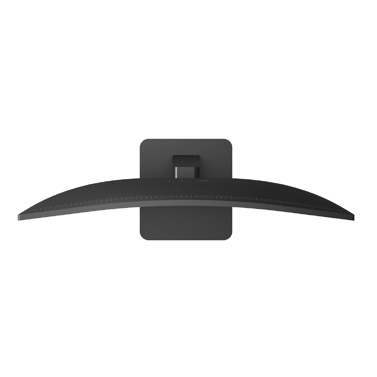 Widok z góry na zakrzywiony czarny monitor. Podstawa i tył są czarne. Widoczny port połączeniowy.