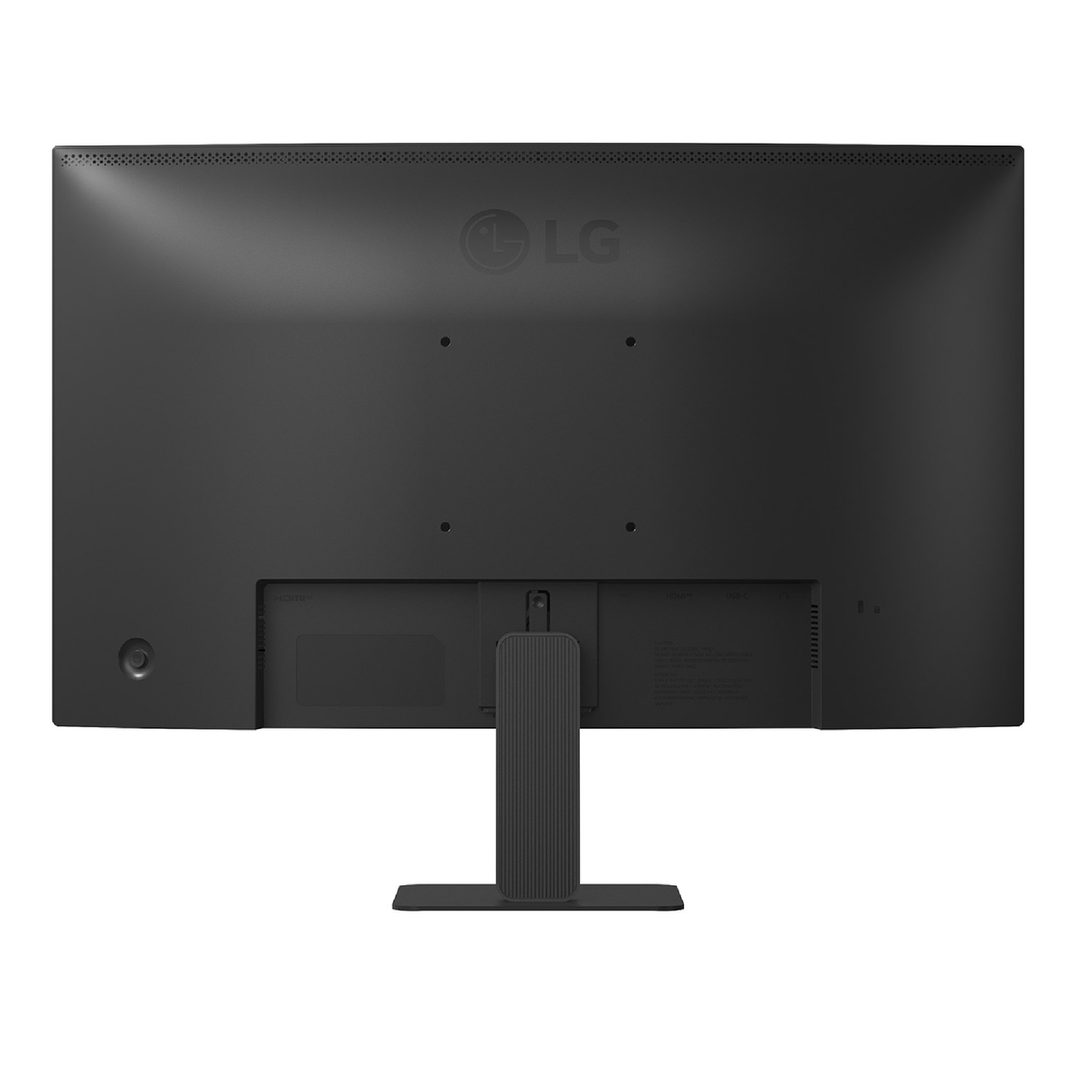 Widok z tyłu czarnego monitora LG. Ma podstawkę, wentylację i logo LG. Widoczne są również porty.
