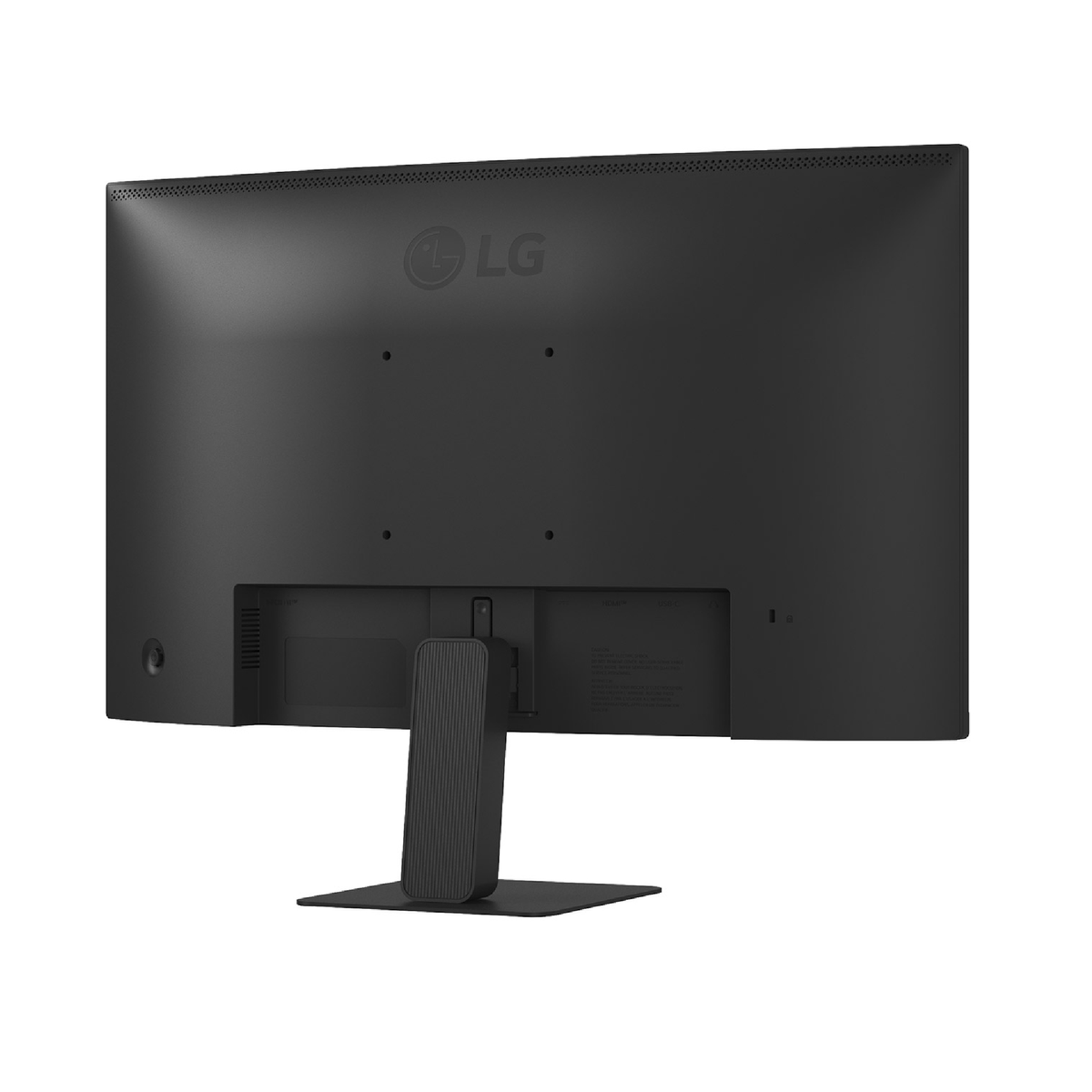 Widok z tyłu czarnego monitora LG ze stojakiem. Widoczne porty i wentylacja, a także logo LG.