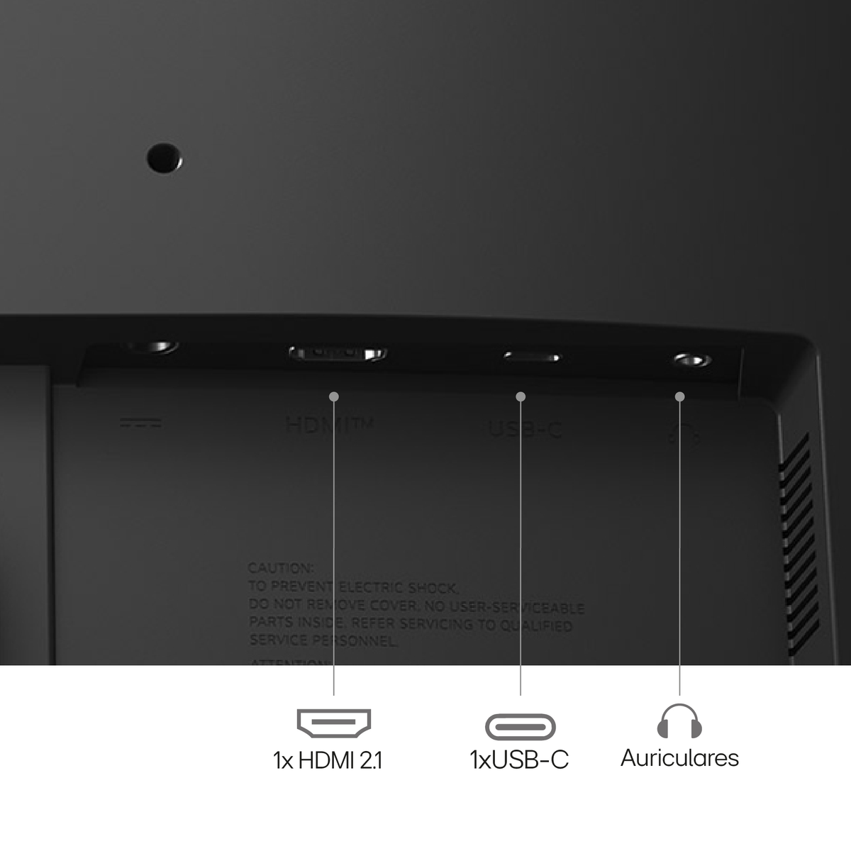 Zbliżenie portów monitora: HDMI, USB-C i gniazdo słuchawkowe. Tekst ostrzega przed porażeniem prądem i niewłaściwym serwisowaniem.