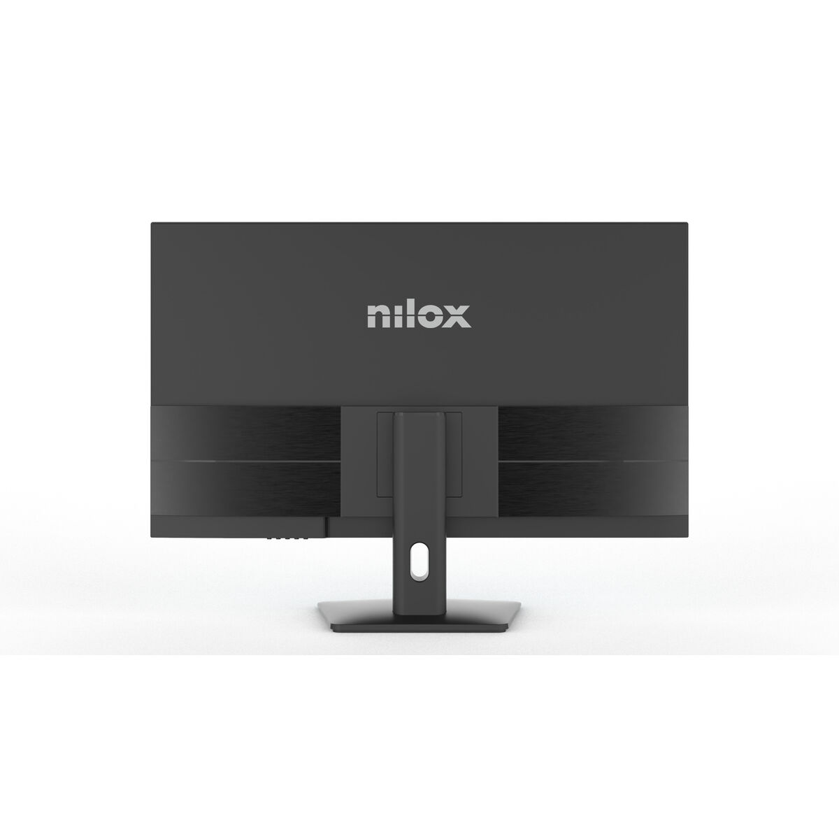 Vista posteriore di un monitor Nilox nero con il logo Nilox. Il supporto è visibile.