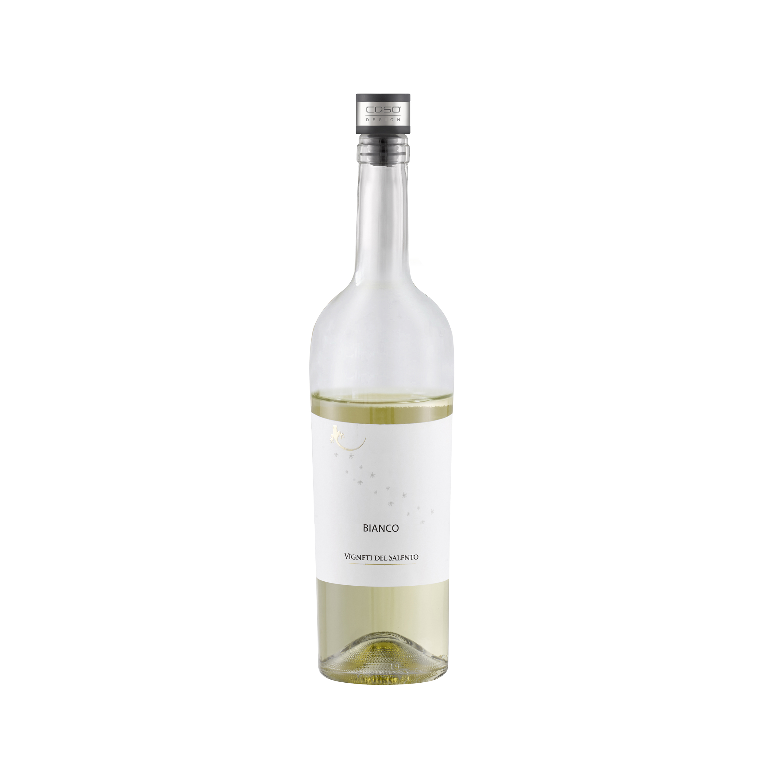 Eine Weinflasche mit Stopfen, Etikett mit 'Bianco' und 'Vigneti del Salento' und Weißwein im Inneren.