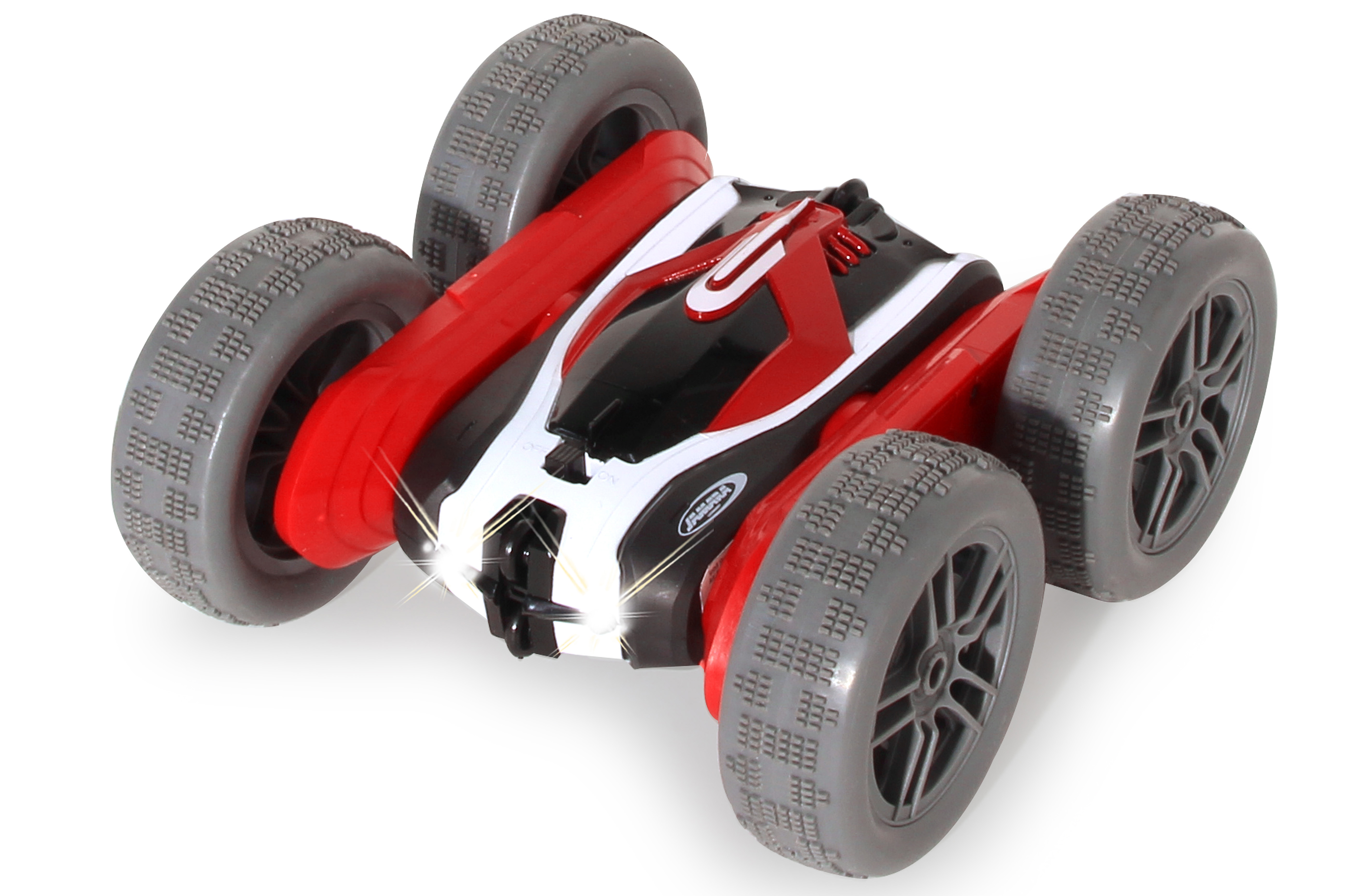 Ein rot-weiß-schwarzes Spielzeugauto mit grauen Rädern, beleuchteten Scheinwerfern und weißem Hintergrund.