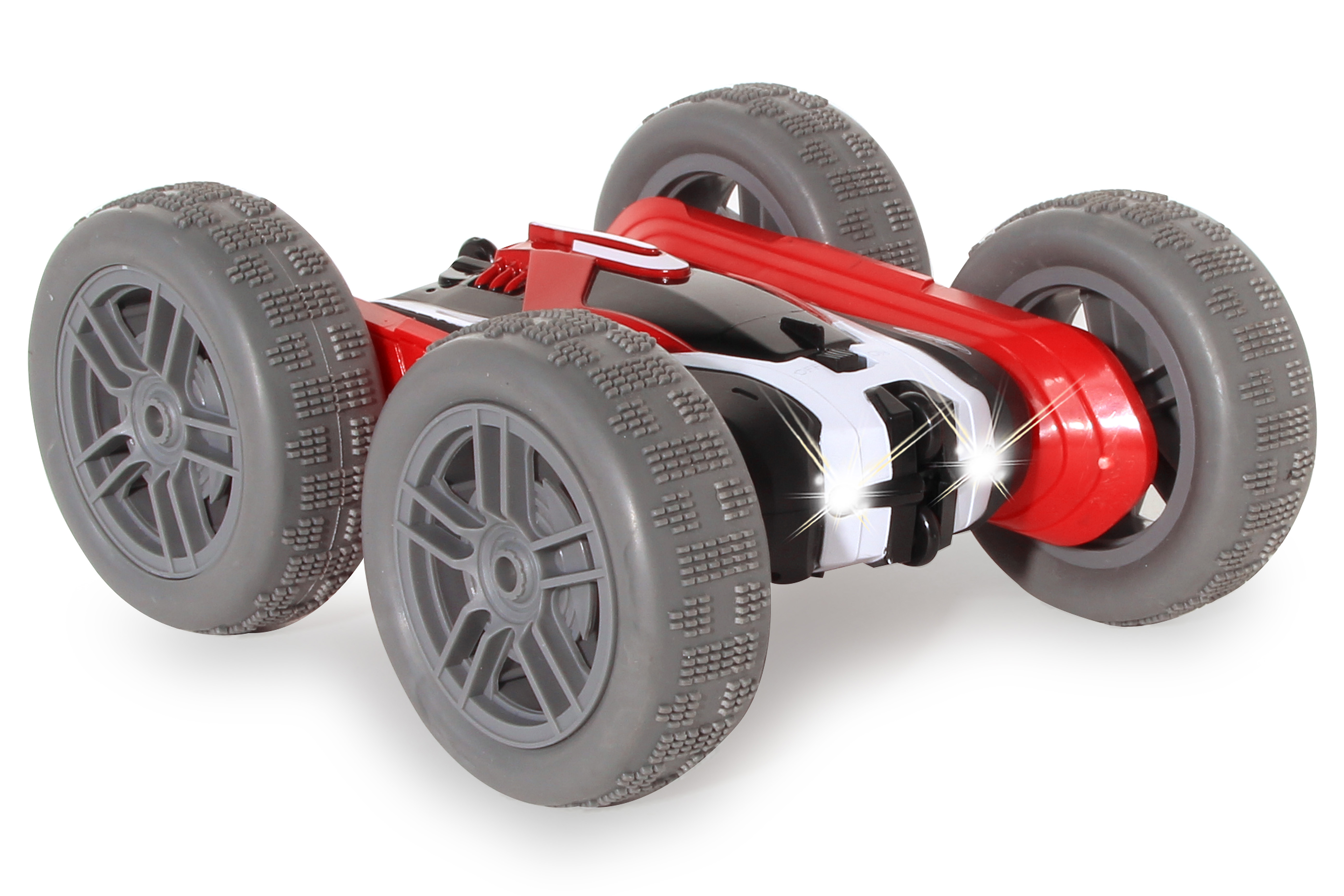 Ein rot-weiß-schwarzes Spielzeugauto mit grauen Rädern, beleuchteten Scheinwerfern und weißem Hintergrund.