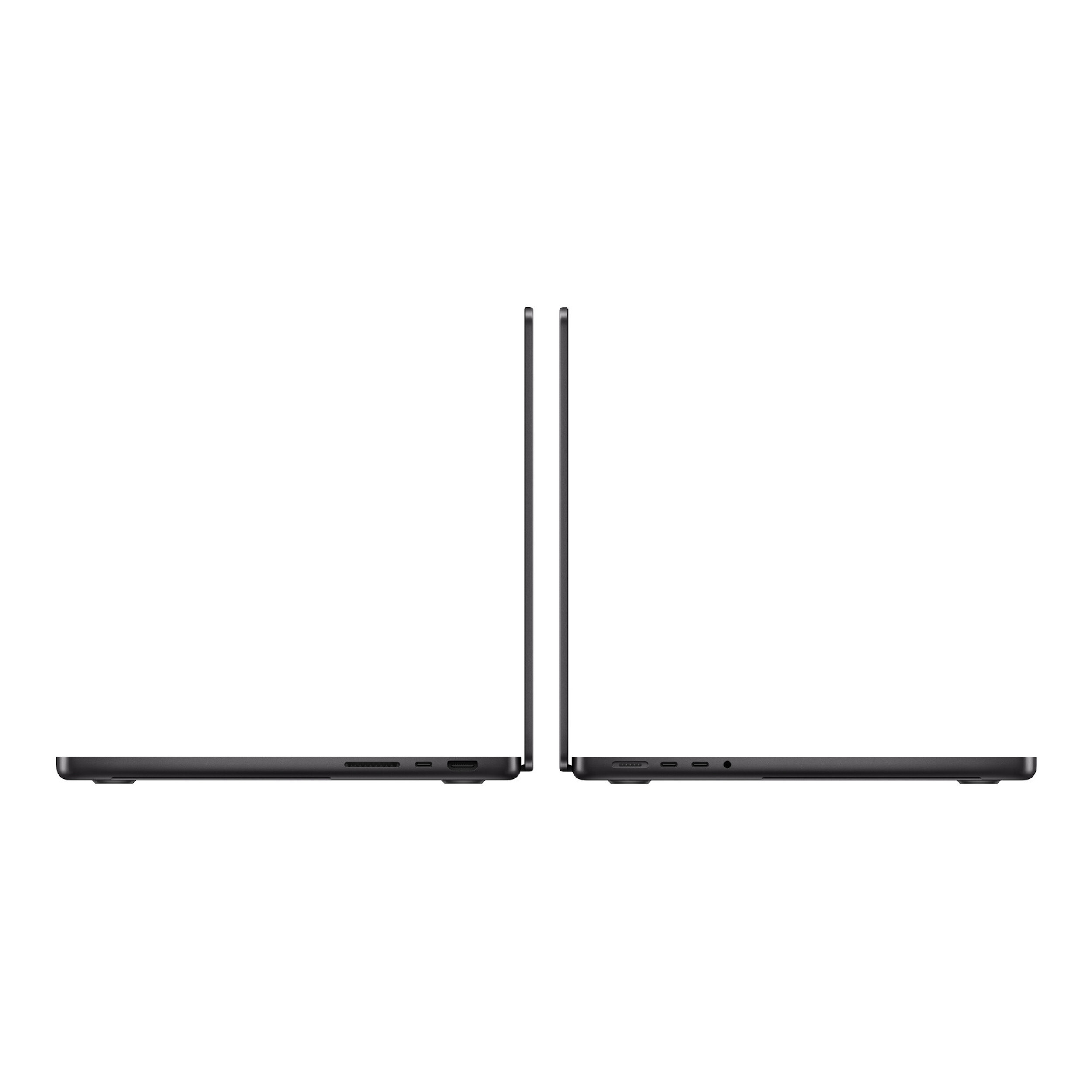 Two black laptops are side by side, showcasing the side profiles. They are on a white background.
