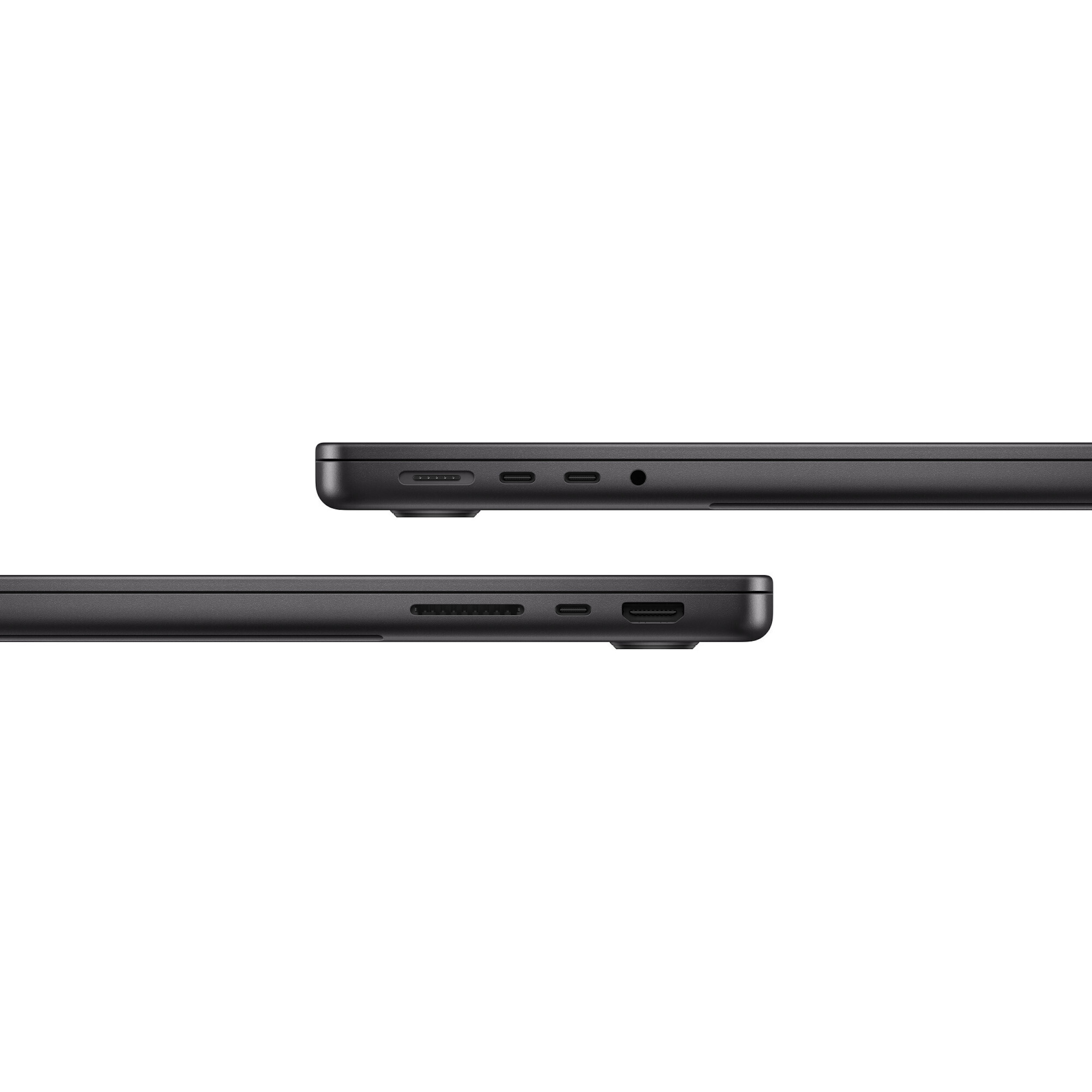 Close up of the side of two black laptops. Ports and buttons are visible. The background is white.