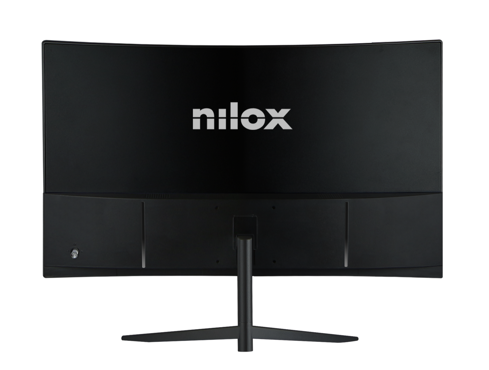 Retro di un monitor Nilox nero con logo Nilox bianco e supporto. Porte visibili.