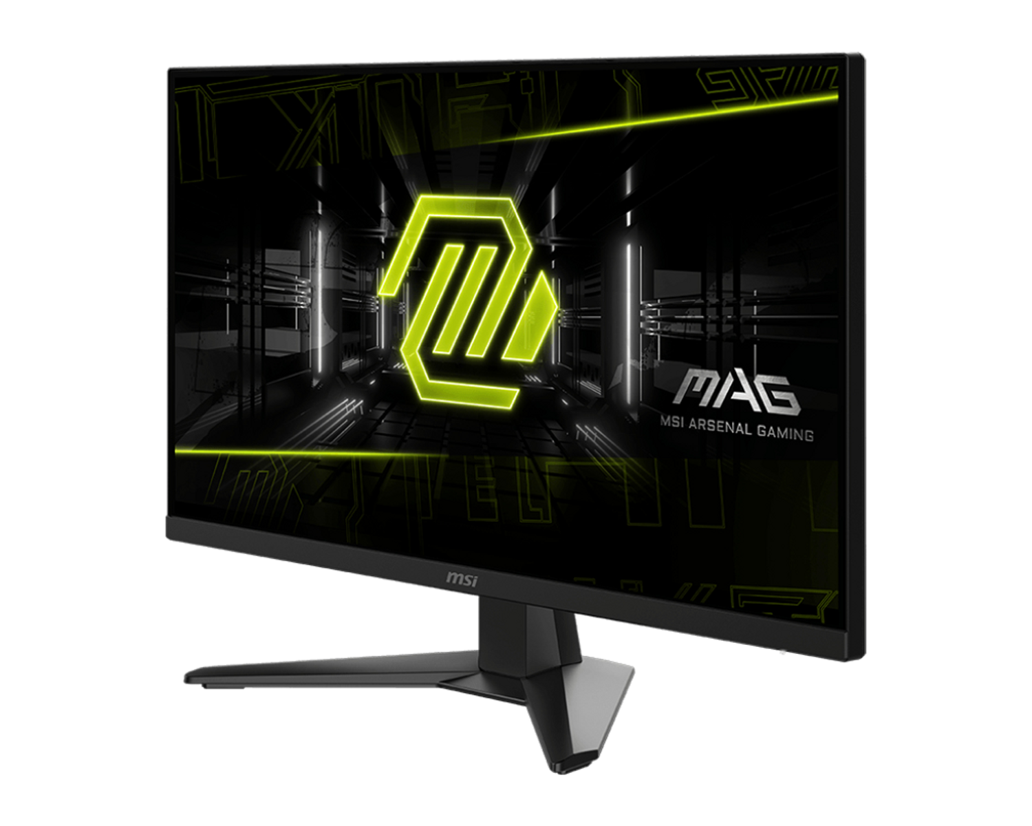 Czarny monitor MSI z zielono-żółtym logo, napisami MAG i MSI Arsenal Gaming.