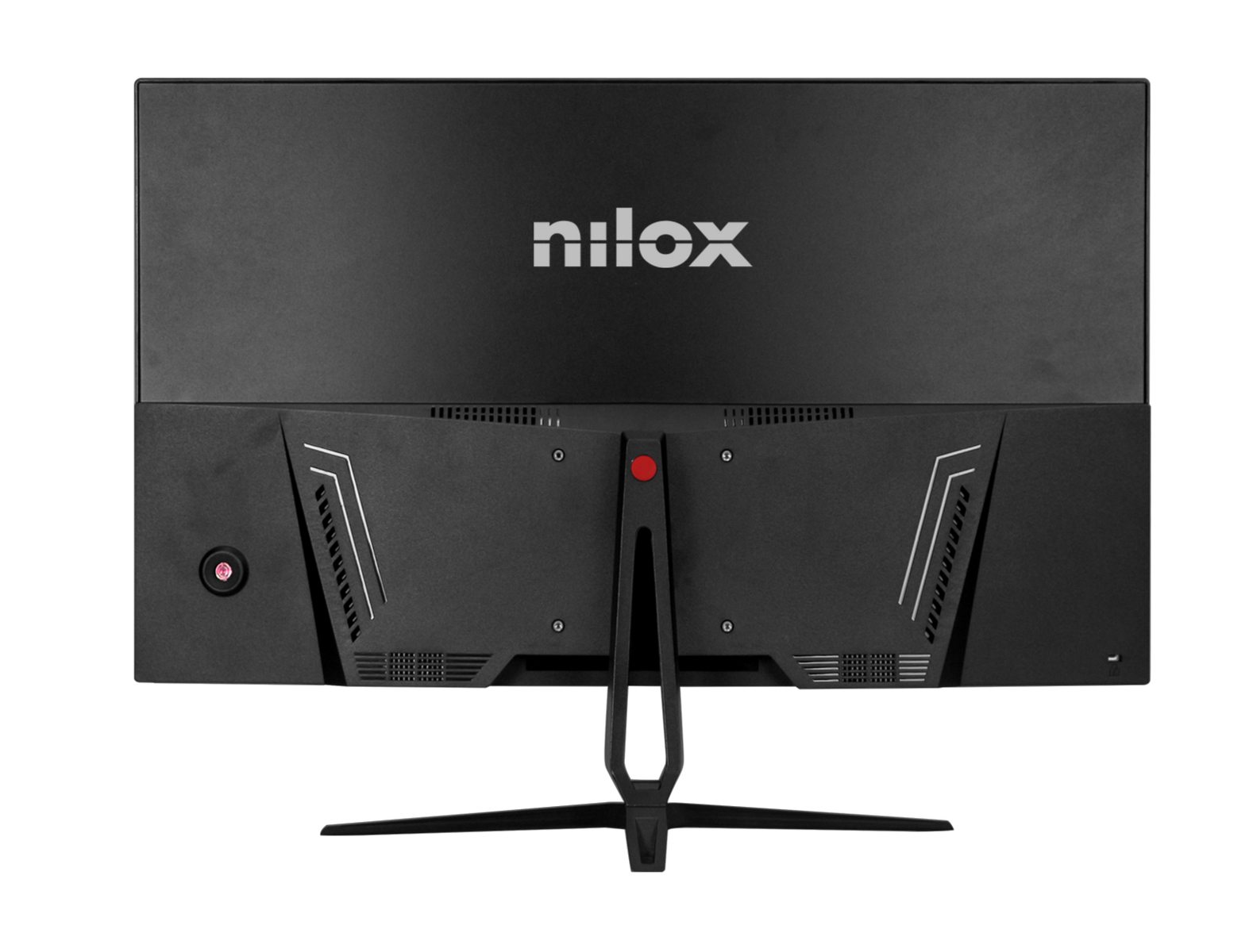 Tył czarnego monitora z logo NILOX. Posiada porty i podstawę. Tło jest czarne.