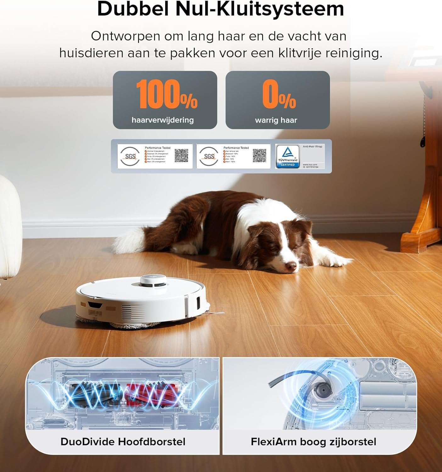 Robotstofzuiger maakt de vloer schoon. Een hond ligt. Tekst toont 100% haarverwijdering.
