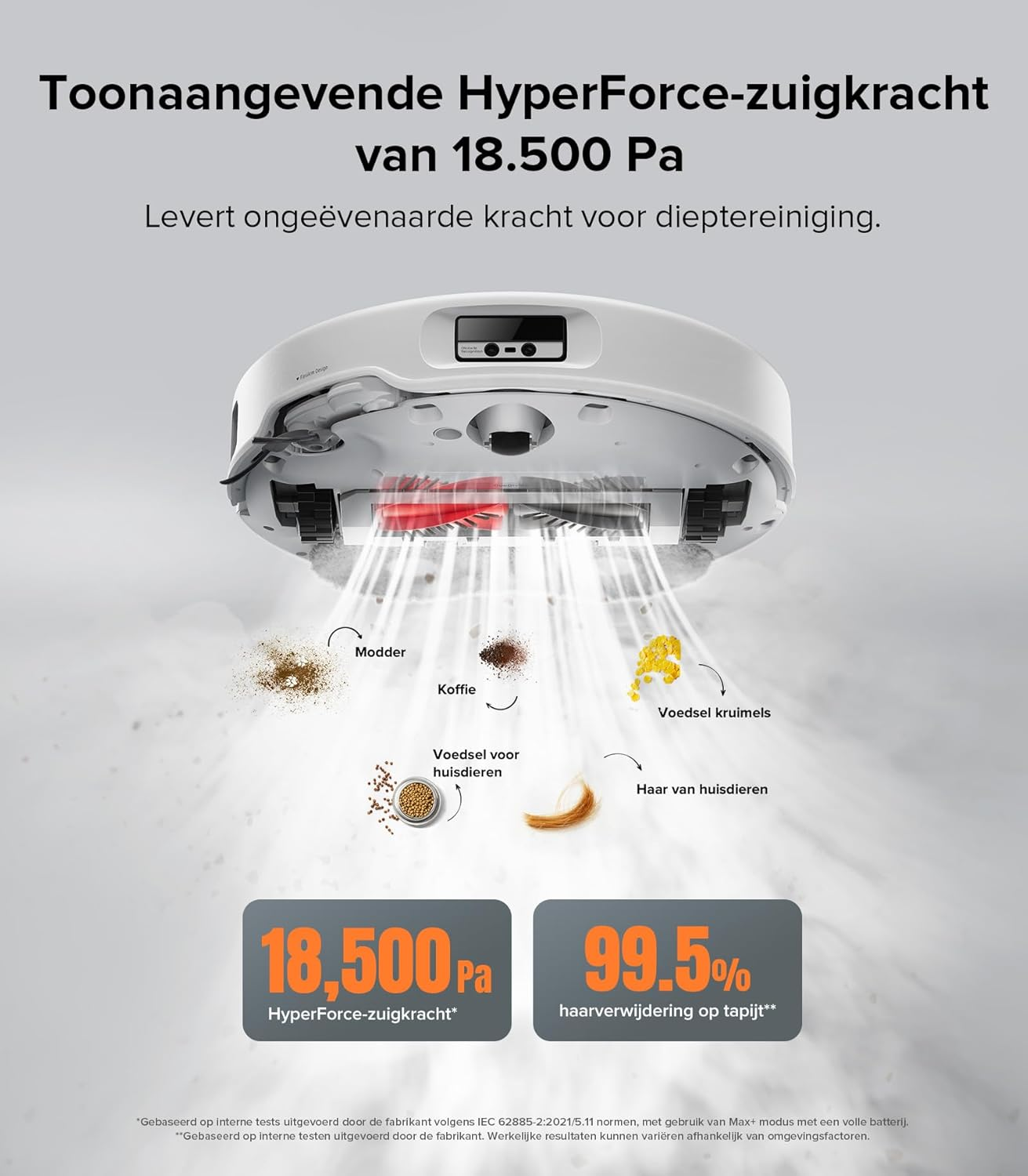 Witte robotstofzuiger, reinigt diverse soorten vuil. Tekst benadrukt zuigkracht en reinigingsefficiëntie.