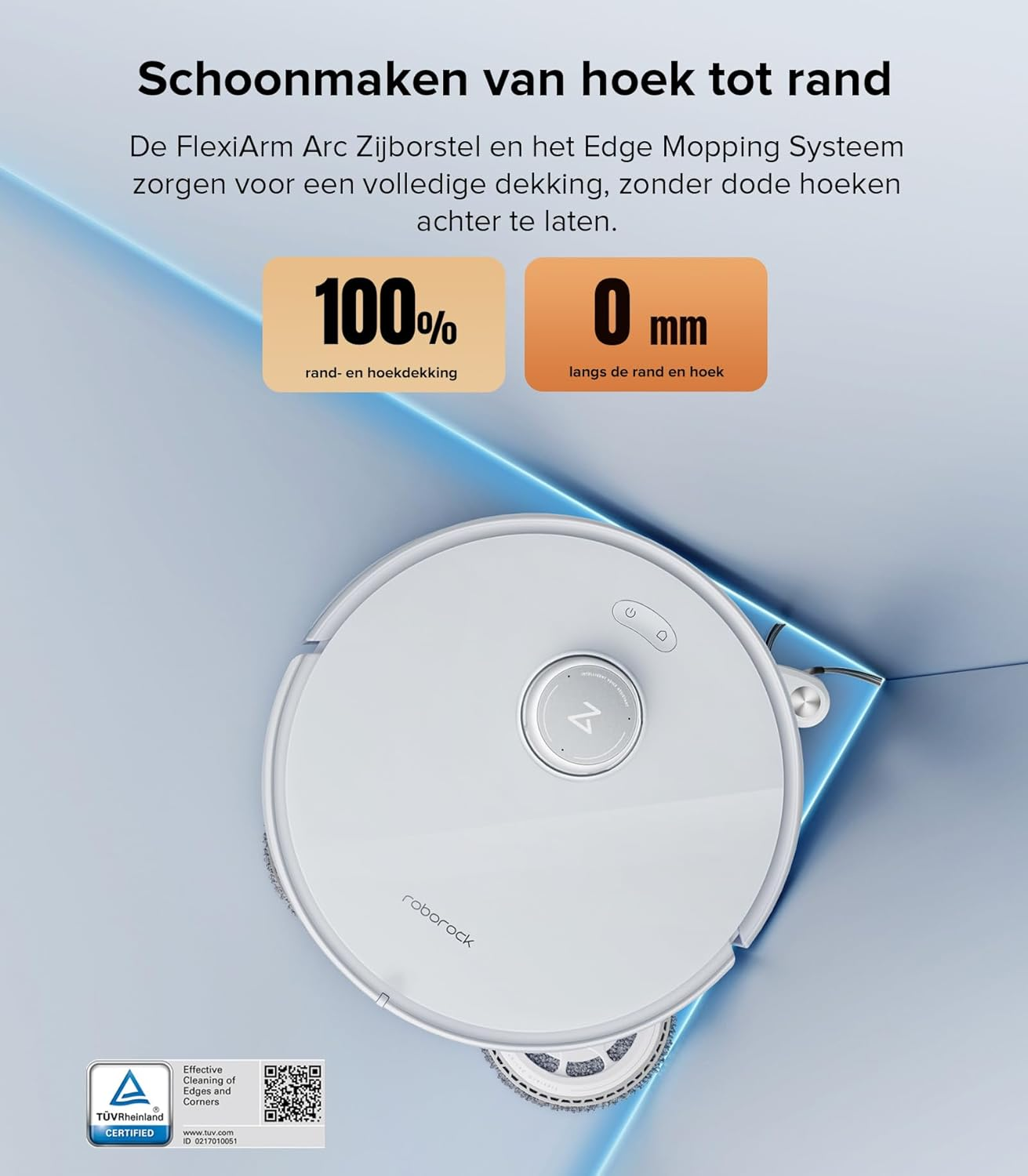 Robotstofzuiger maakt de vloer schoon. Tekst toont 100% randdekking en 0 mm langs de rand.