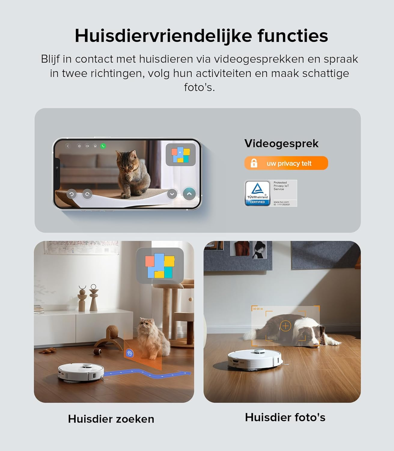 Diagram met functies voor huisdiereigenaren. Inclusief videogesprekken en foto's van huisdieren.