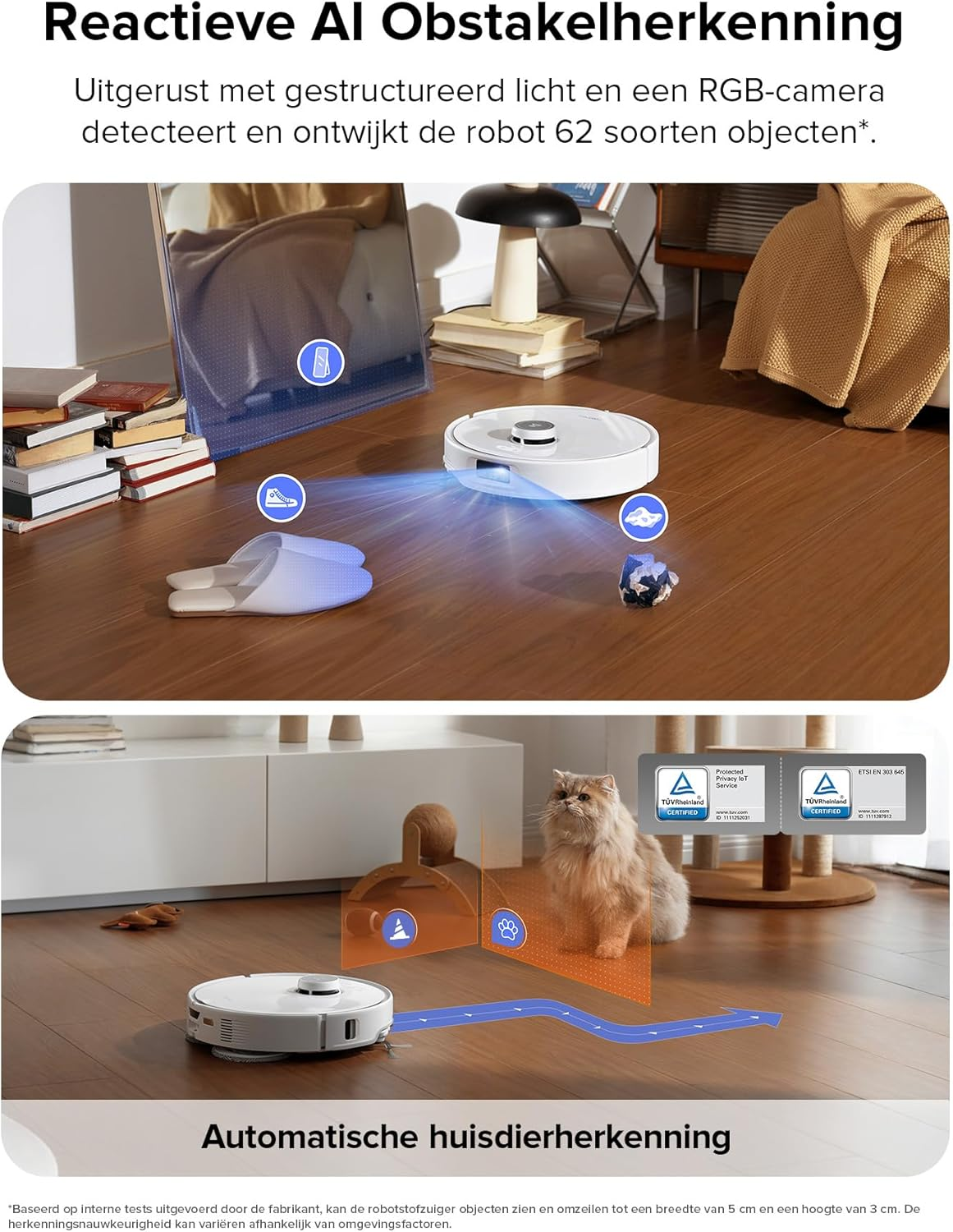 Een witte robotstofzuiger op een houten vloer, met een kat en huishoudelijke artikelen en tekst.