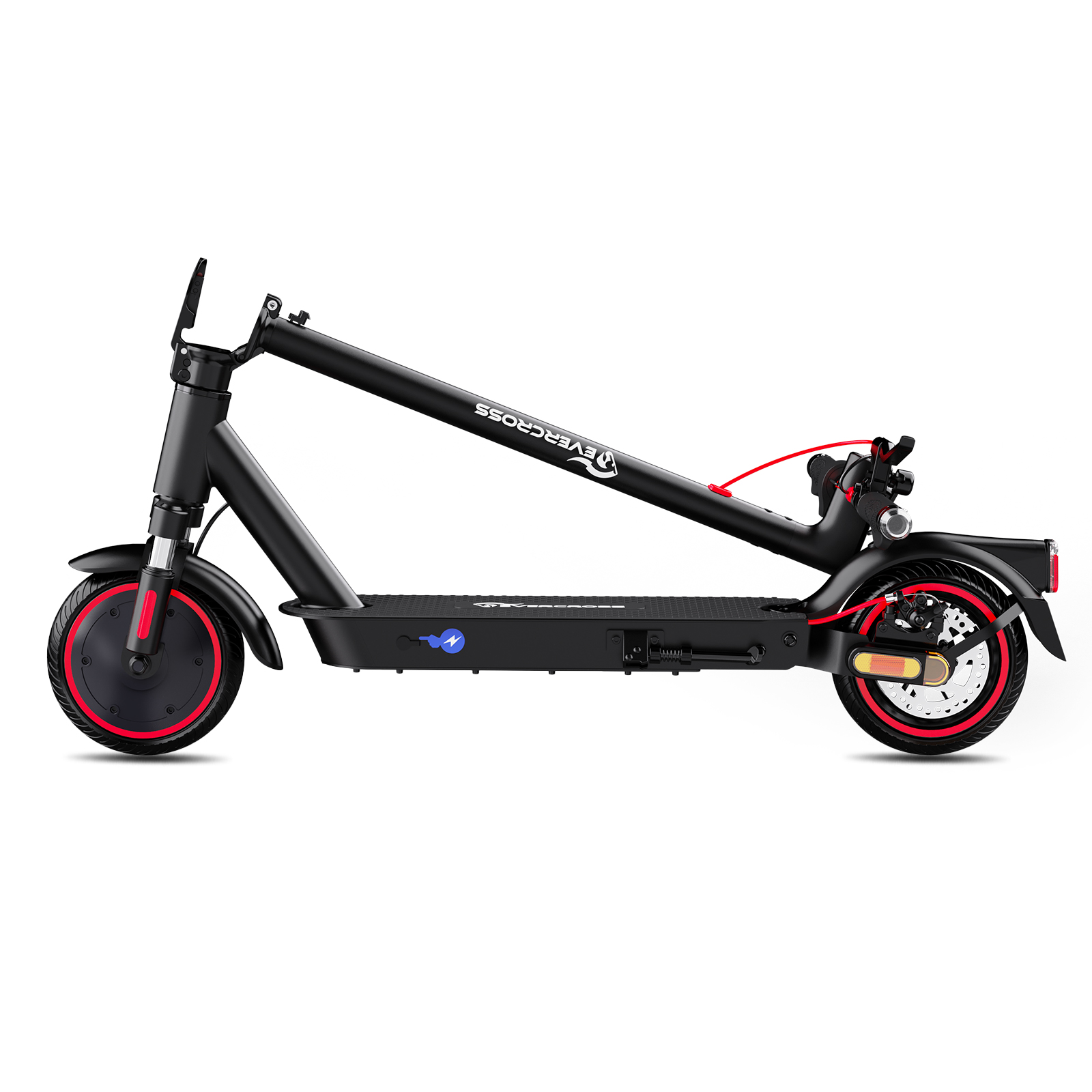Zwarte elektrische scooter op wit, met rode accenten op wielen.