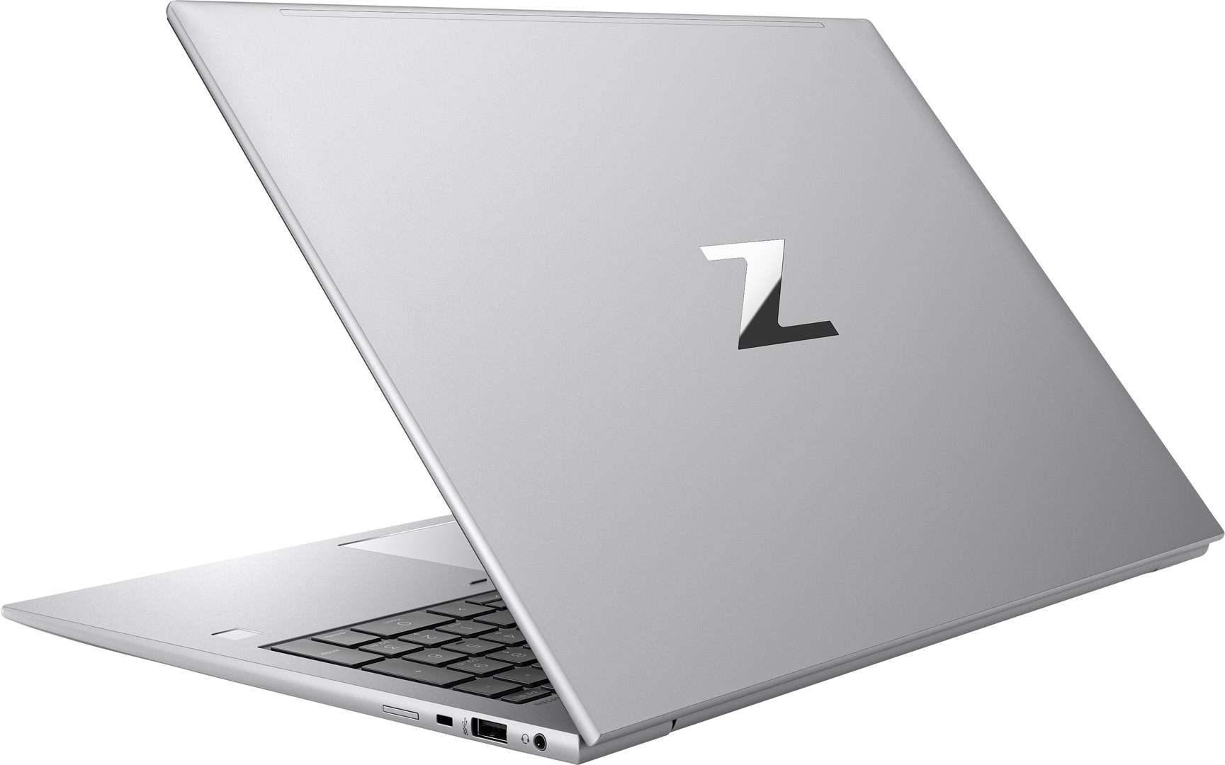 Srebrny laptop pod kątem. Pokrywa jest częściowo otwarta, pokazując klawiaturę. Widoczne jest biało-czarne logo 'Z'.