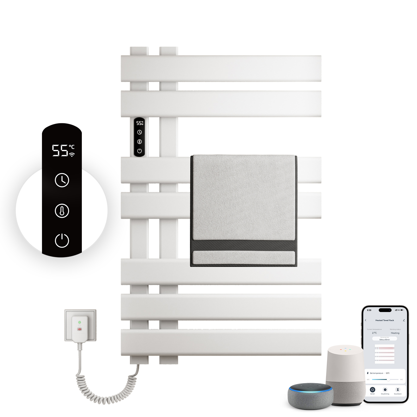 Weißer Handtuchwärmer mit Digitalanzeige, Steckdose und Smart-Home-Integration.
