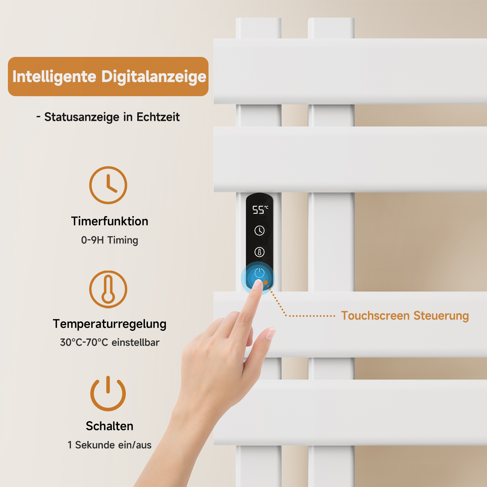 Nahaufnahme des digitalen Displays des Handtuchwärmers: Timer, Temperaturregelung und Ein/Aus-Taste.