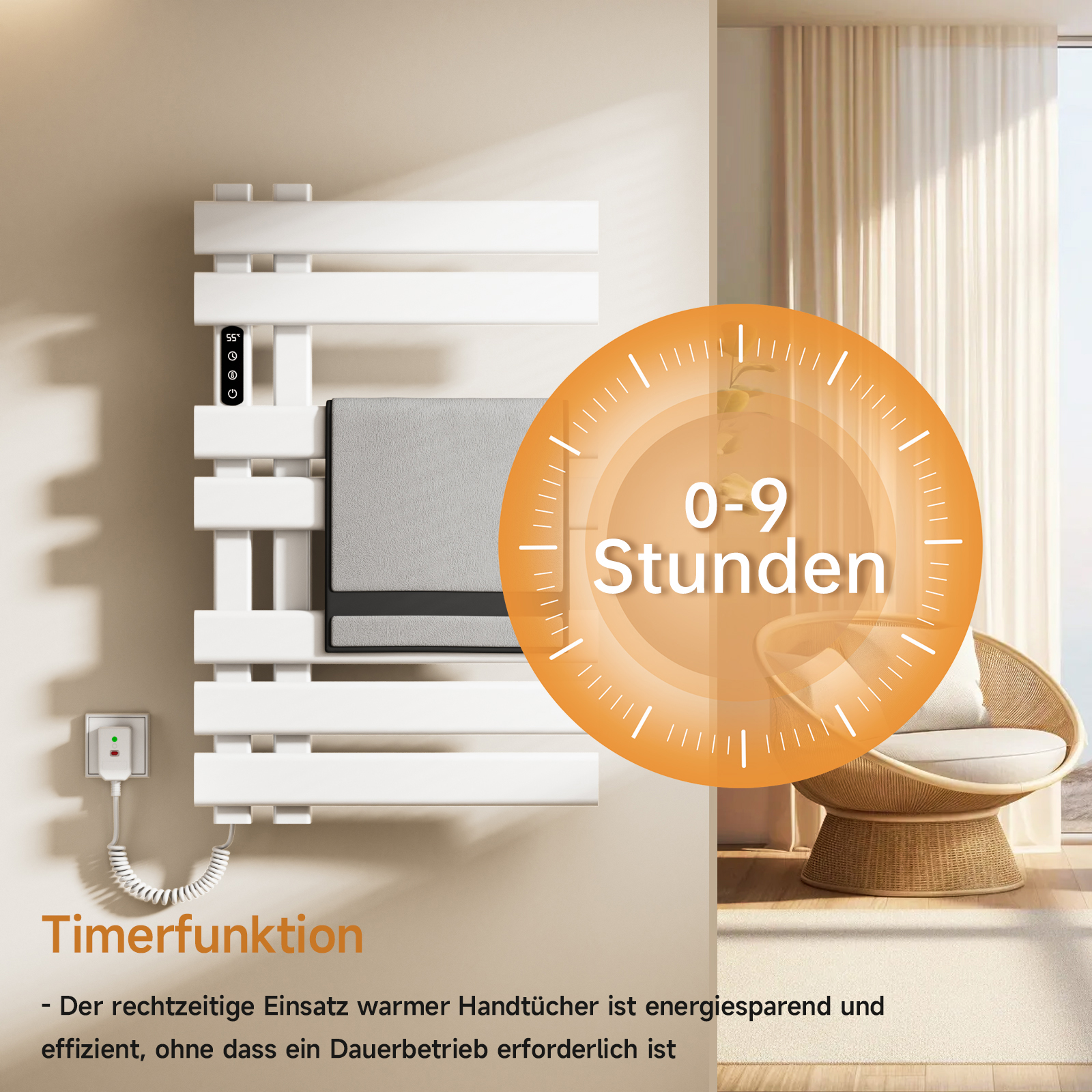 Ein weißer Handtuchhalter mit Timerfunktion, der ein Zifferblatt mit dem Text '0-9 Stunden' anzeigt.