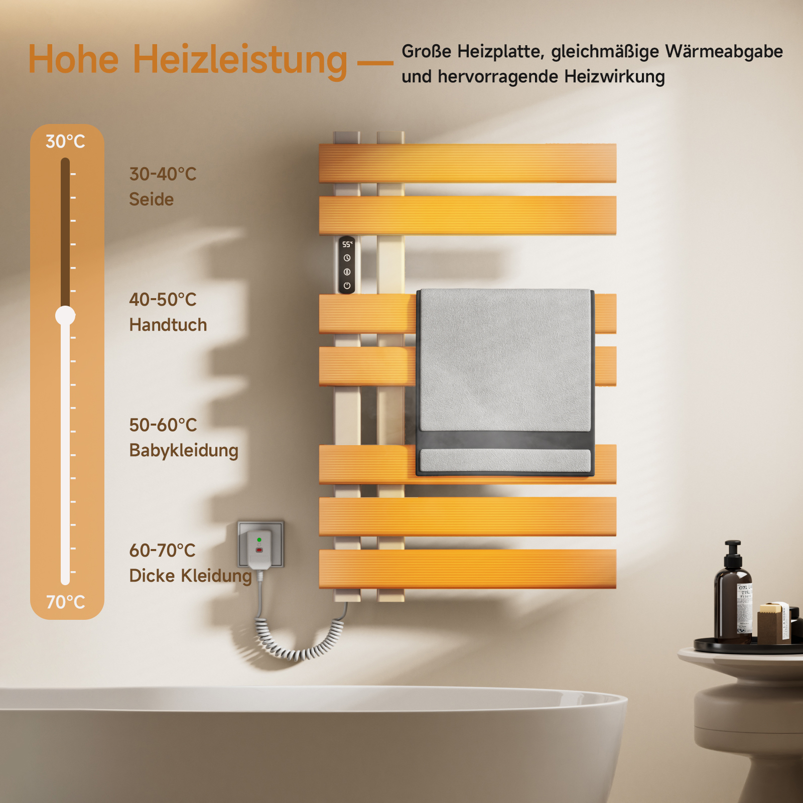 Handtuchwärmer mit einstellbaren Temperatureinstellungen und Handtuch.
