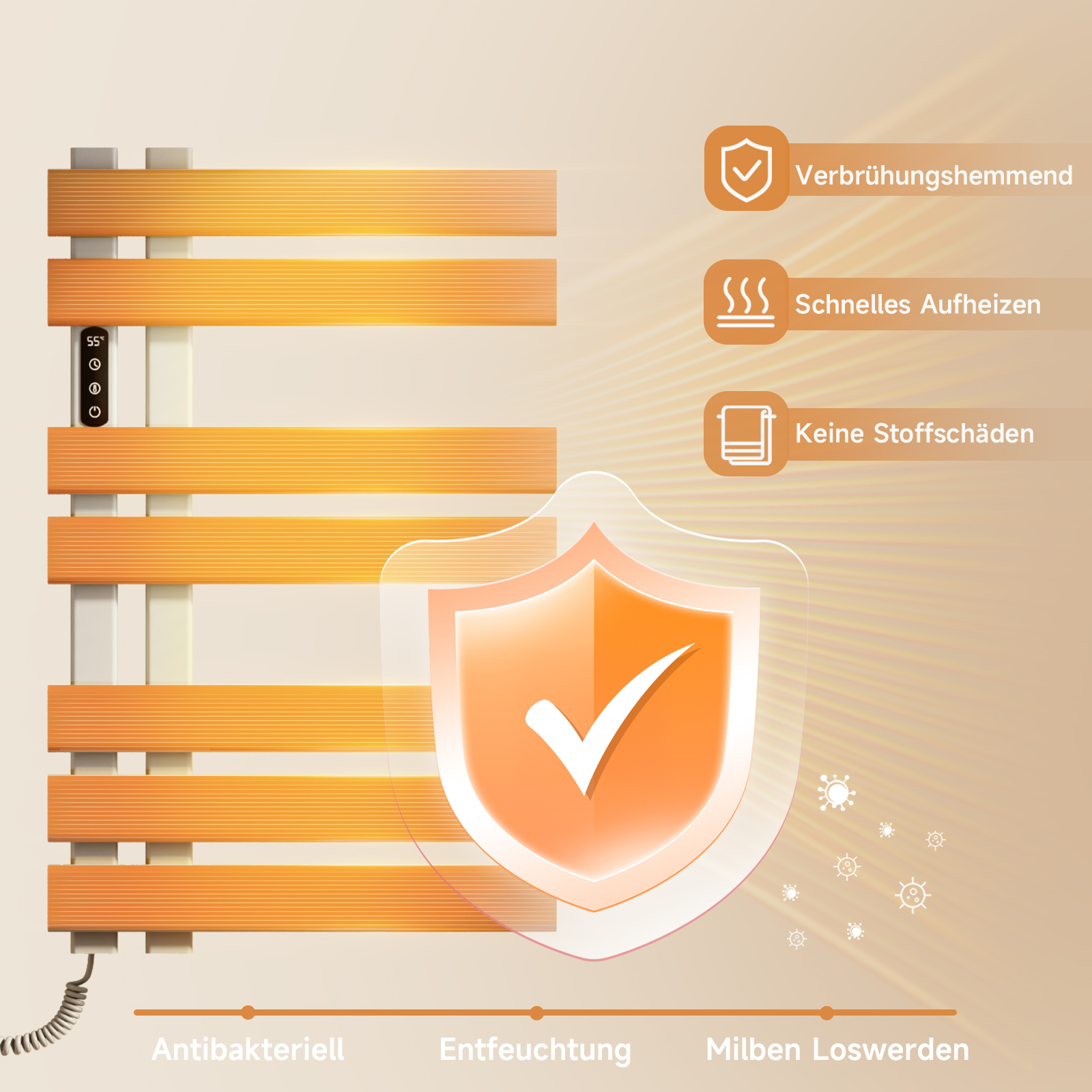 Ein Handtuchhalter mit orangefarbenen Stäben, mit Texten über antibakterielle Eigenschaften und Hautschäden.
