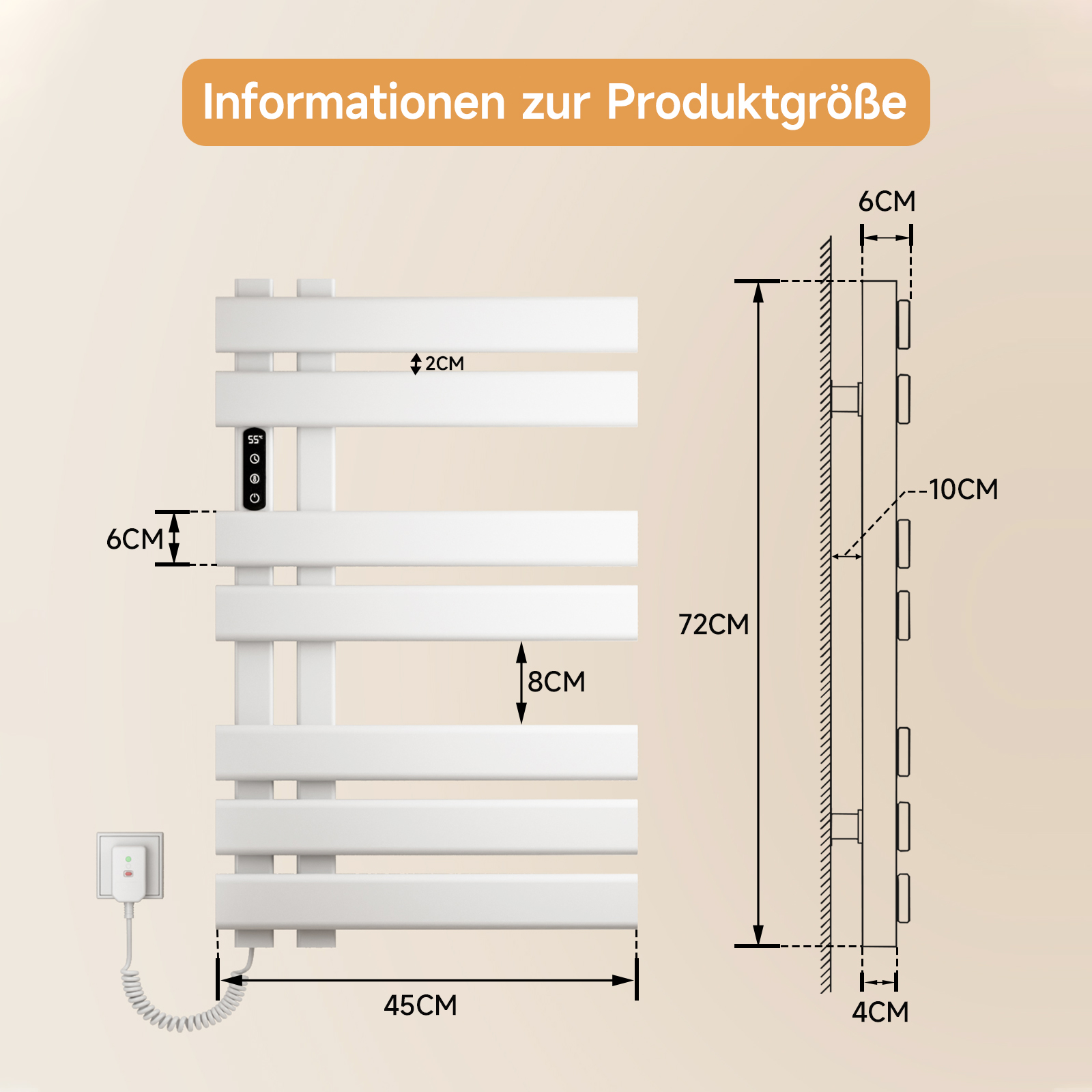 Diagramm mit den Abmessungen eines weißen Handtuchwärmers: 45 cm breit, 72 cm hoch, 2 cm Stangenbreite.