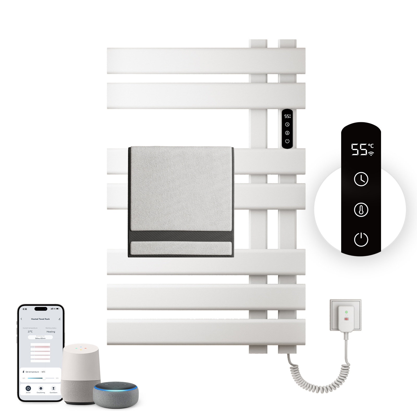 Ein weißer Handtuchhalter mit intelligentem Bedienfeld, Telefon und Smart-Home-Geräten.