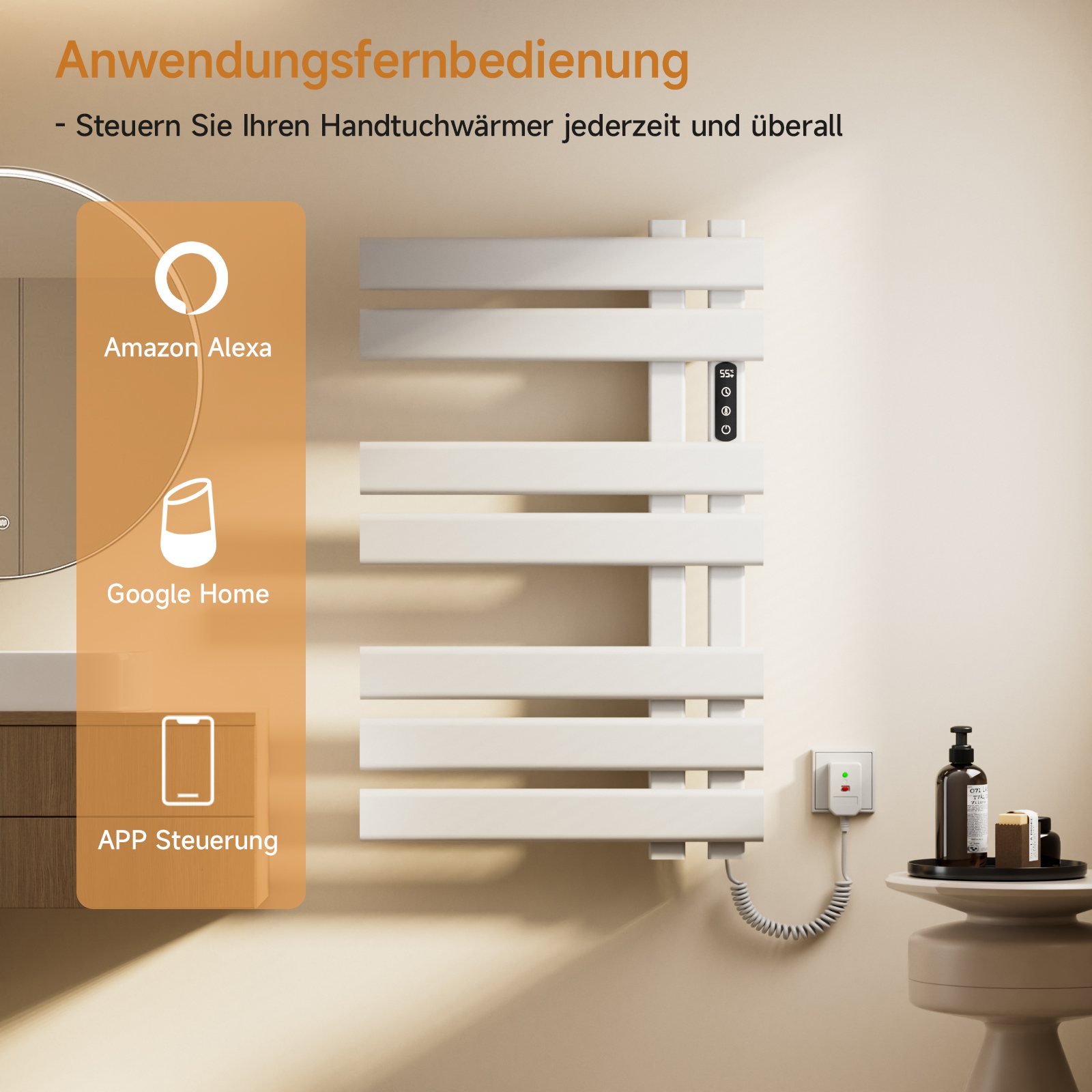 Ein weißer Handtuchhalter mit Smart-Home-Steuerungsoptionen: Amazon Alexa, Google Home und App-Steuerung.