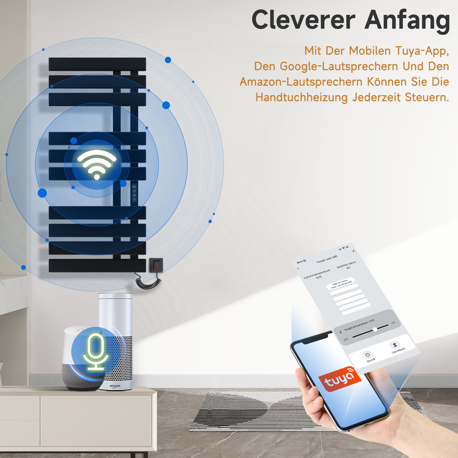 Ein schwarzer Handtuchhalter mit Smart-Home-Integration, gesteuert über ein Telefon und Sprachassistenten.