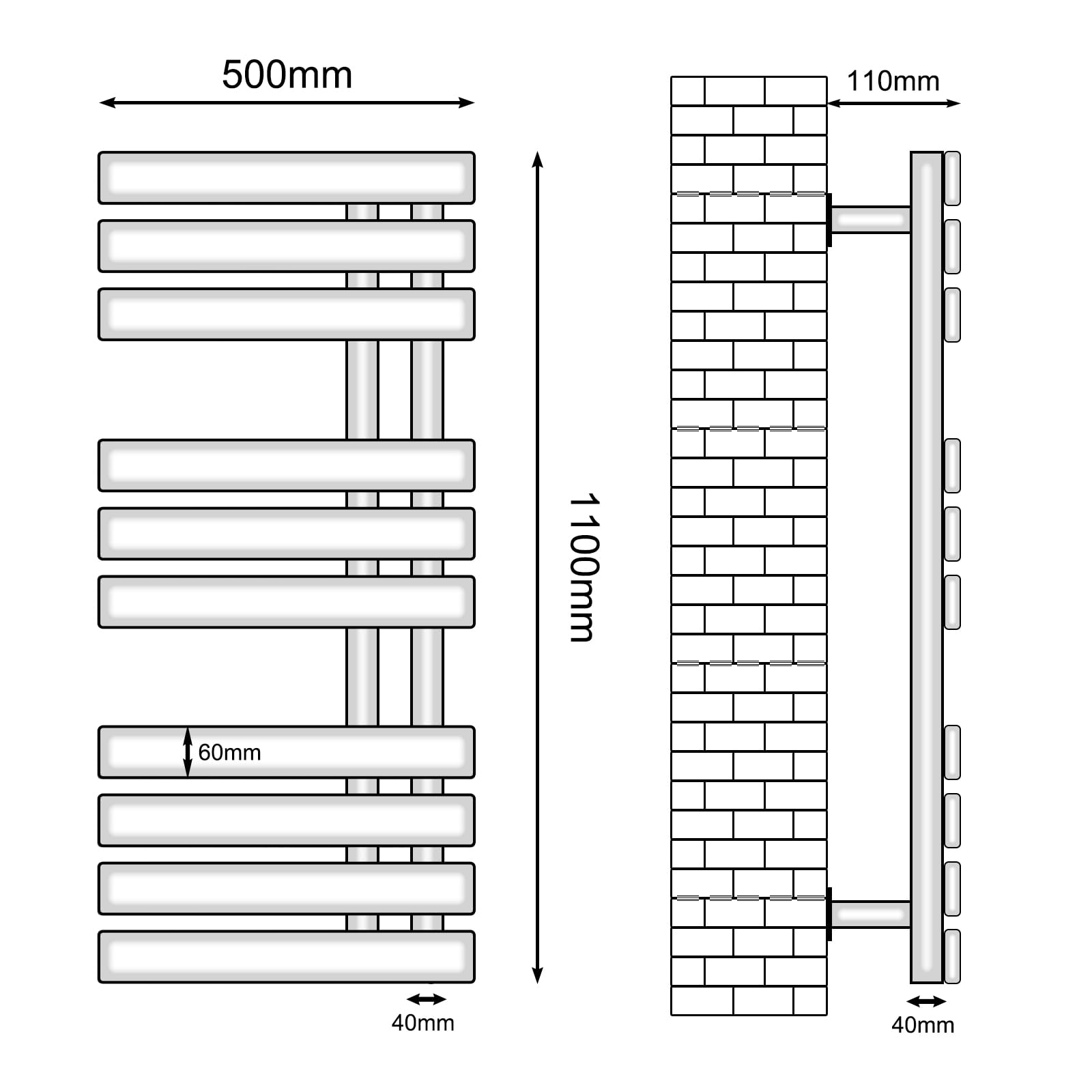 Diagramm eines Handtuchhalters mit Abmessungen: 500 mm breit und 1100 mm hoch, sowie 60 mm und 40 mm.