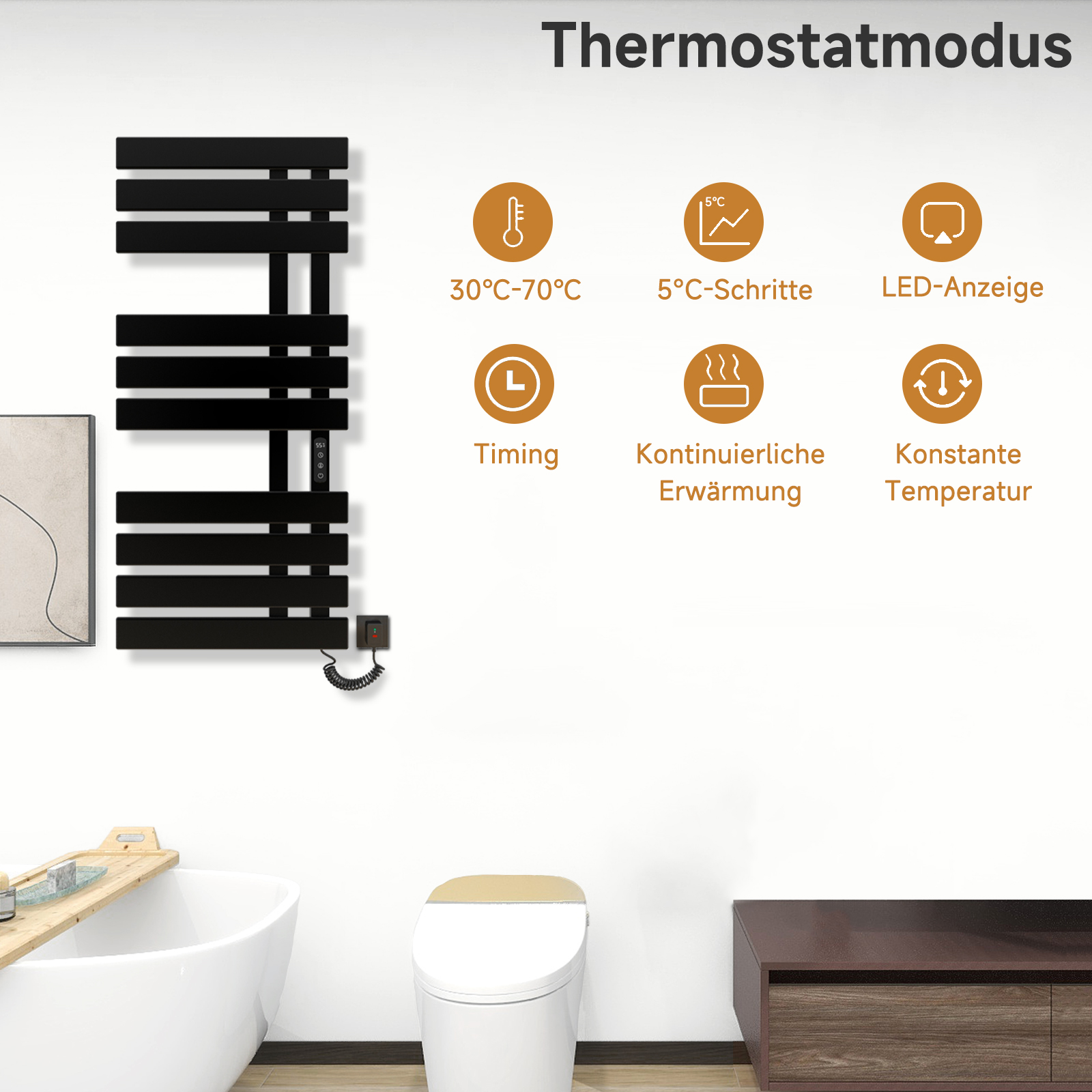 Schwarzer Handtuchwärmer mit Thermostatfunktionen: Temperaturbereich, Schritte, LED-Anzeige und Zeitmessung.