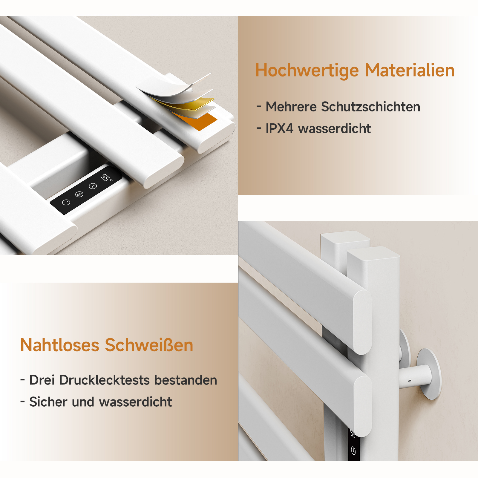 Weißer beheizter Handtuchhalter mit Digitalanzeige, Nahaufnahmen von Schichten und Schweißnähten und Text zu den Merkmalen.