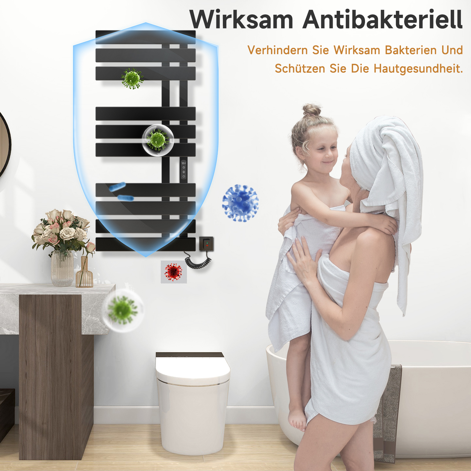 Badezimmer-Szene mit Mutter und Tochter in der Nähe eines Handtuchwärmers mit antibakteriellem Schutz.