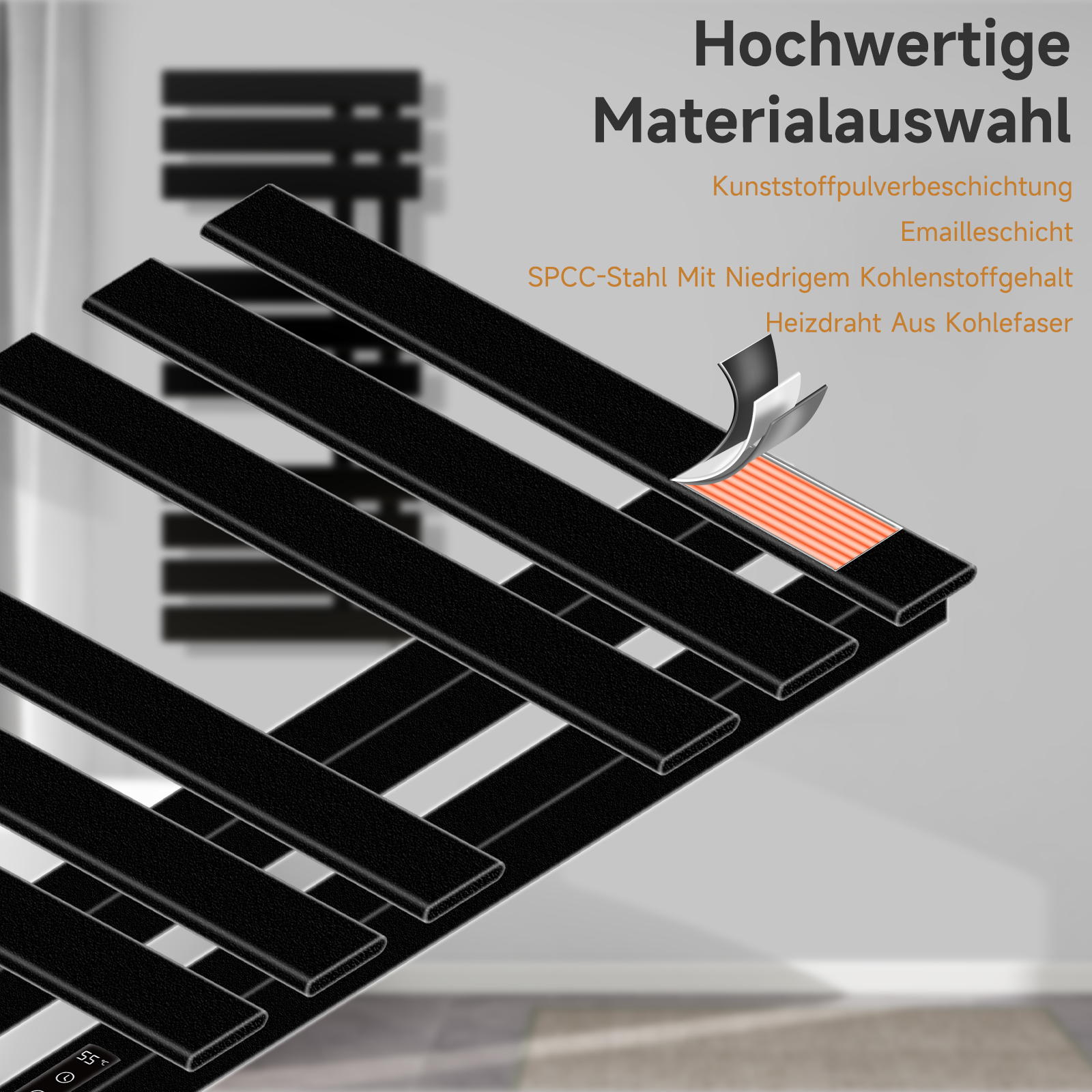 Nahaufnahme eines schwarzen Handtuchhalters, der hochwertige Materialien zeigt, einschließlich eines Heizelements.