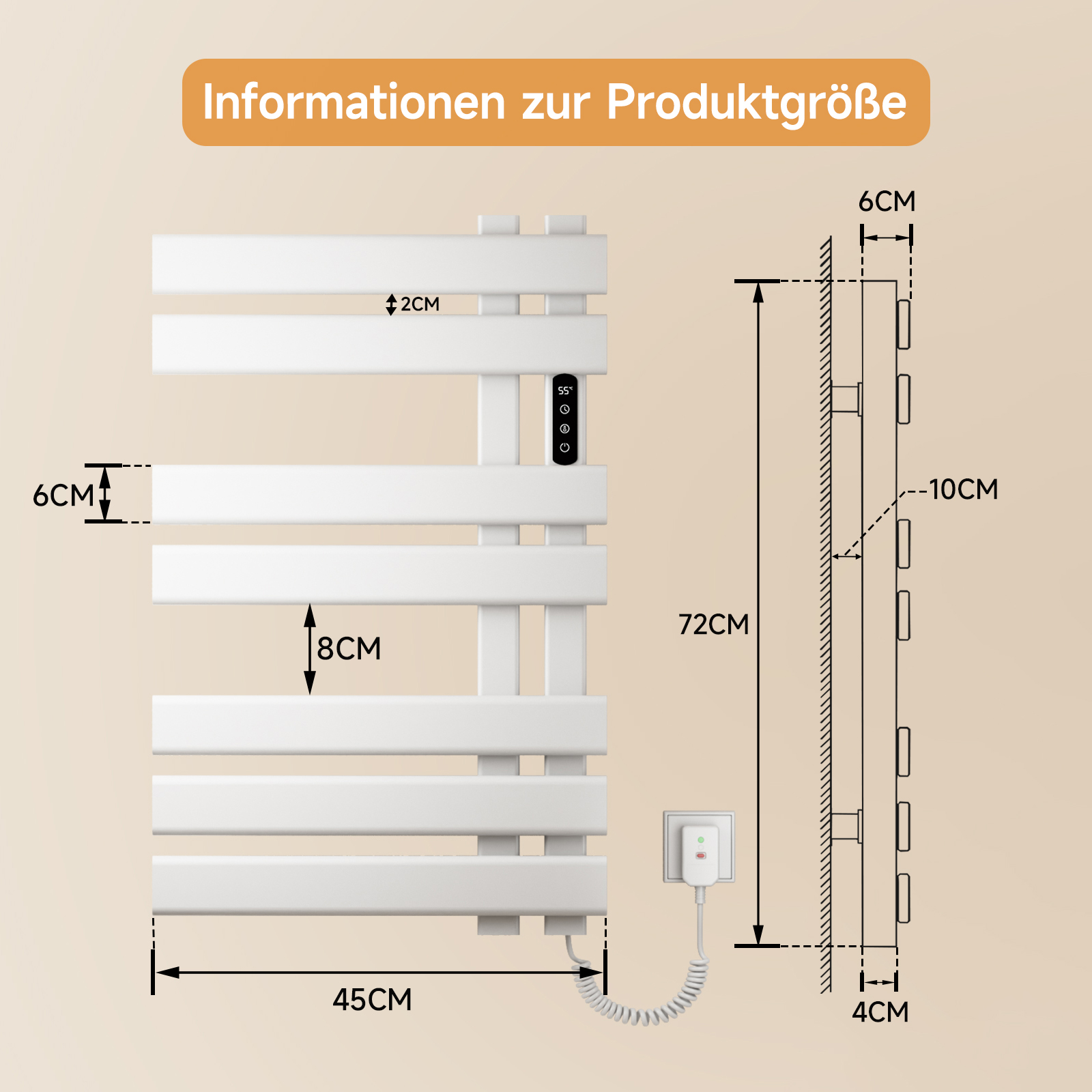 Diagramm mit den Abmessungen eines weißen Handtuchwärmers: 45 cm breit, 72 cm hoch, 2 cm Stangenbreite.