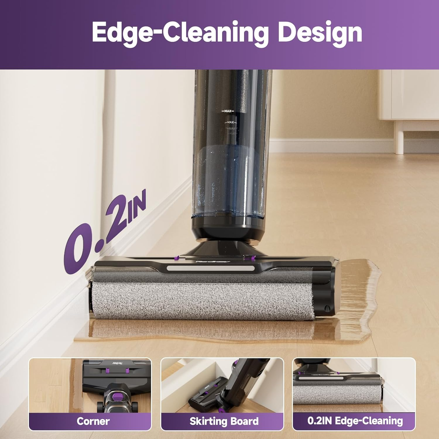 Vacuum cleaner cleaning a floor, showing edge-cleaning design with 0.2IN clearance.