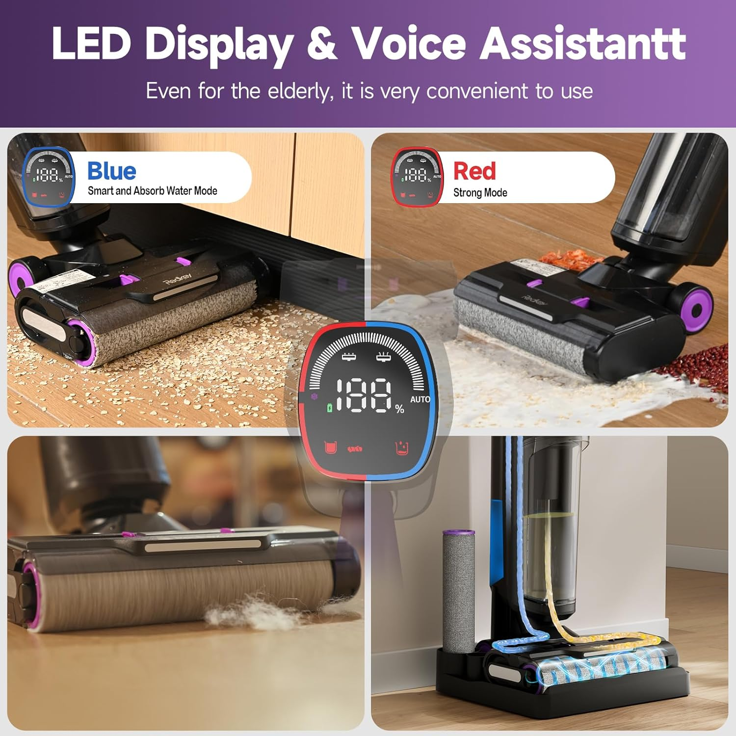 Vacuum cleaner showing LED display and voice assist, with two modes: blue and red.