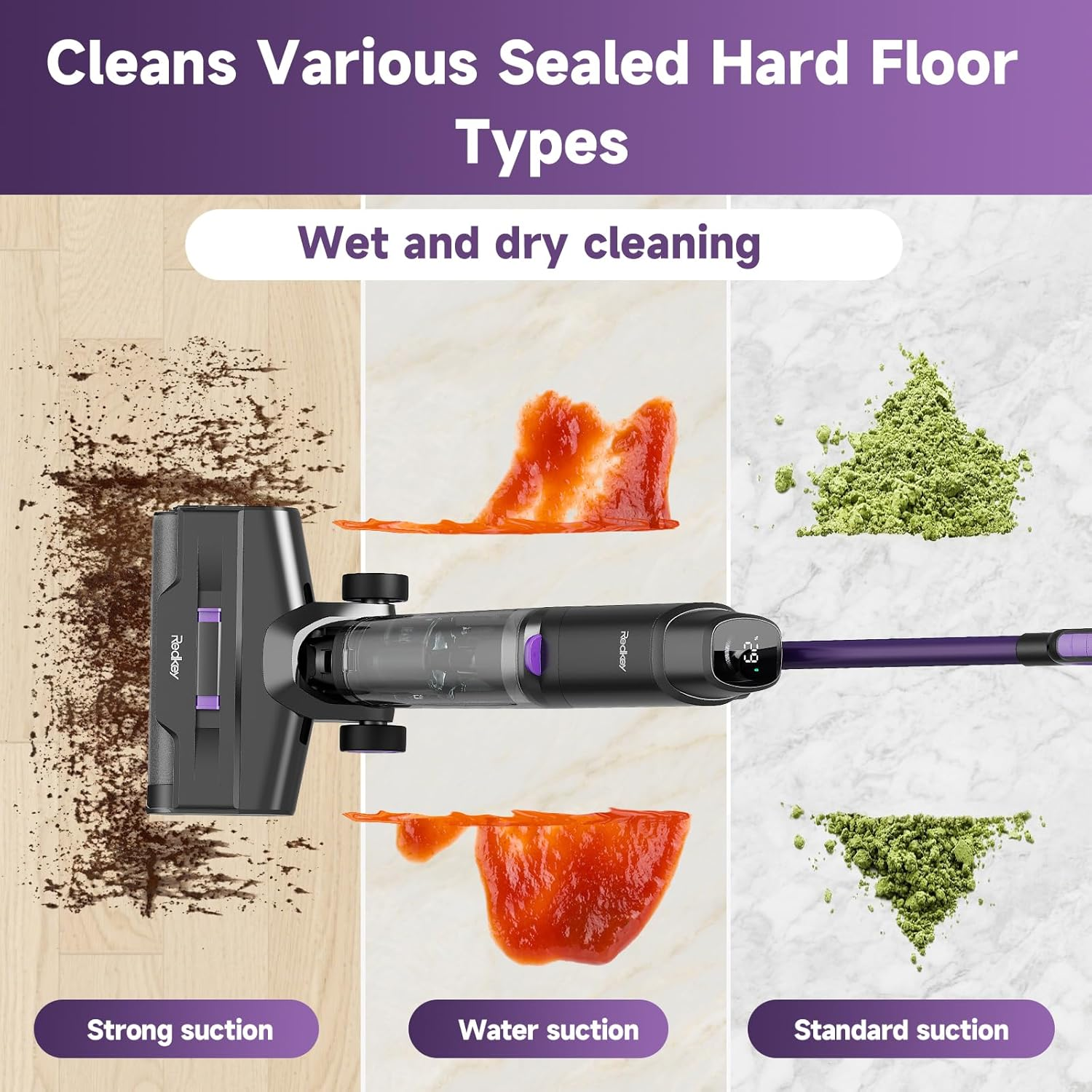 Vacuum cleaner cleaning various floor types, with three different suction modes.