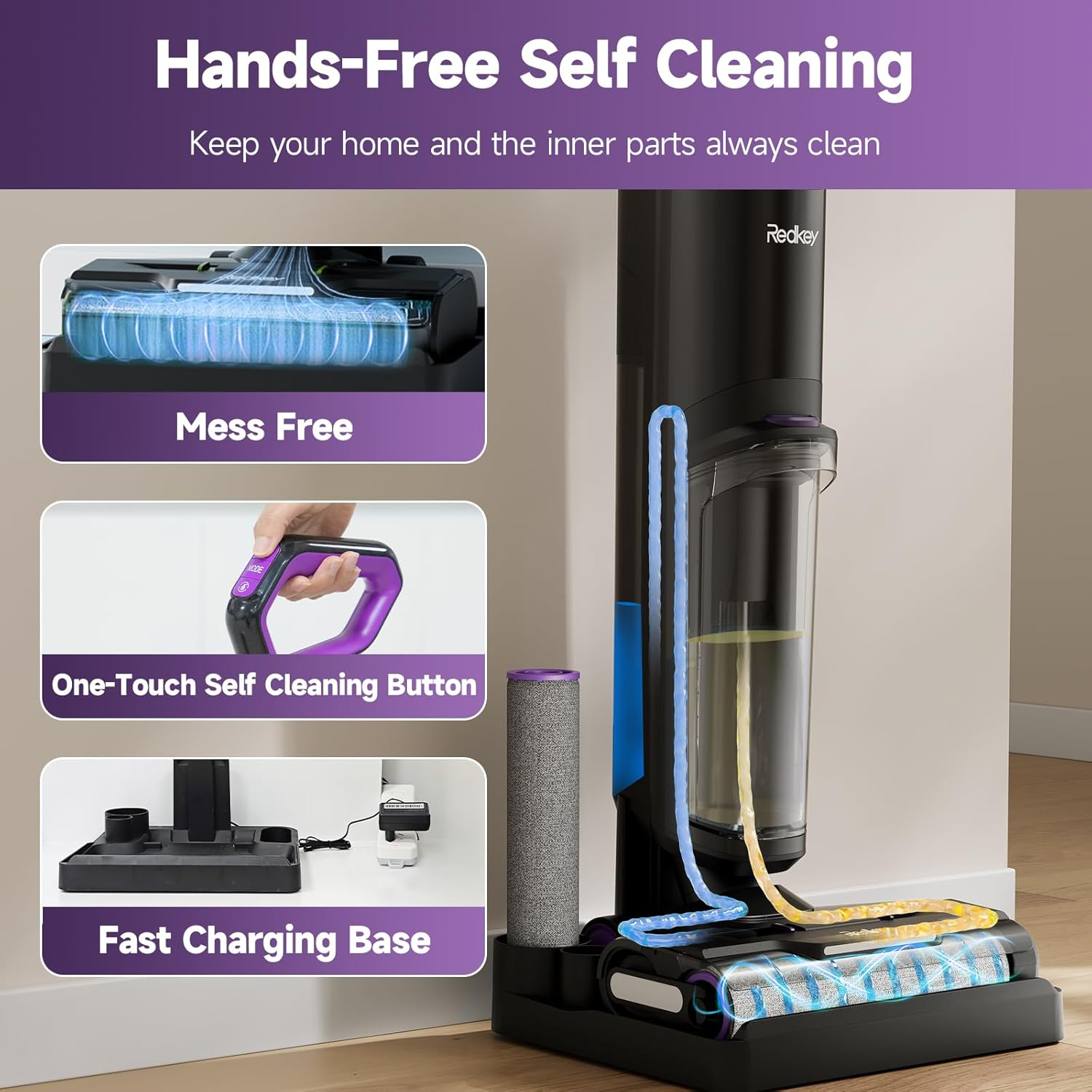 Vacuum cleaner with self-cleaning features: mess-free, one-touch button, and fast charging base.