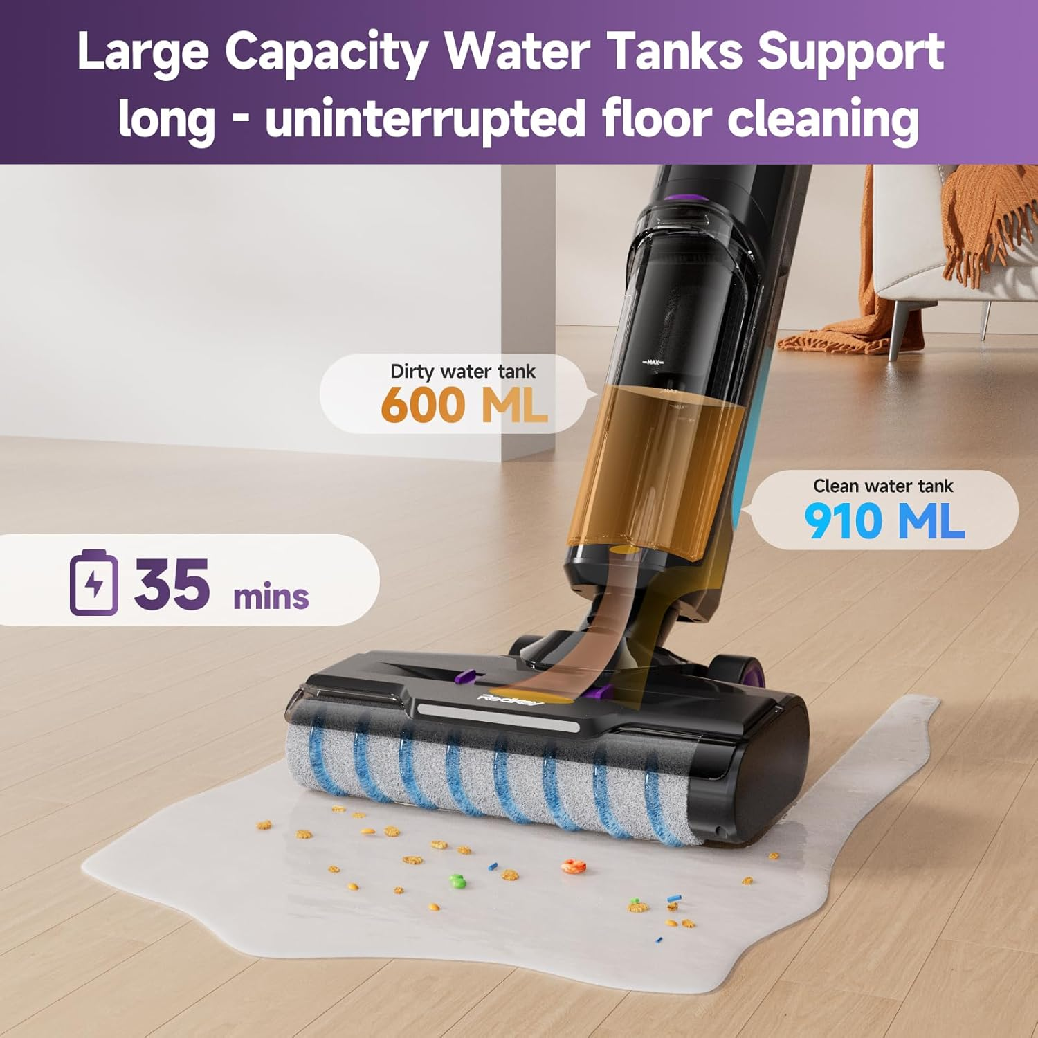 Vacuum cleaner with large water tanks: 600ml dirty, 910ml clean, 35 minutes operation.