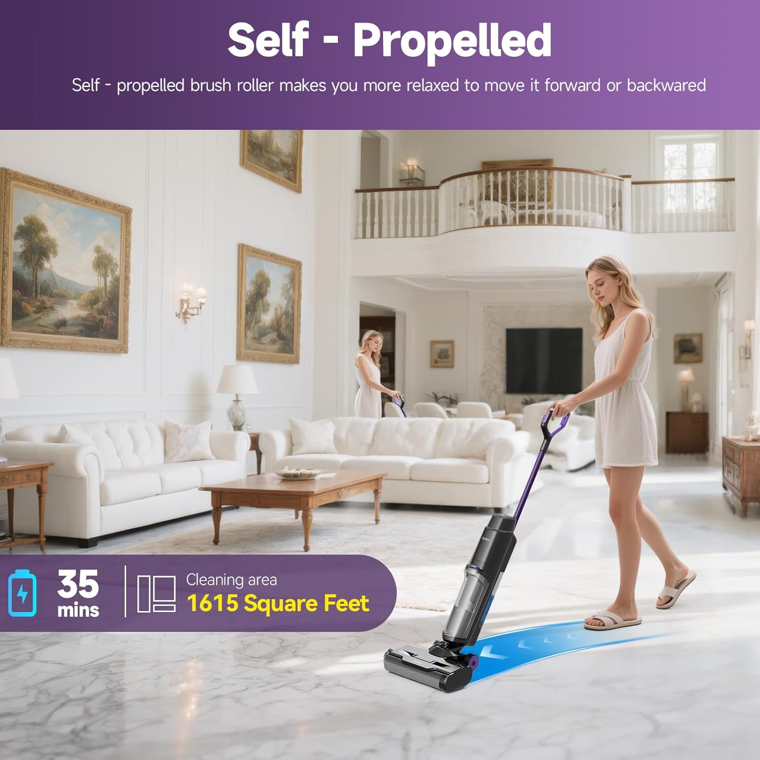 A woman vacuums a marble floor with a self-propelled vacuum cleaner. The background shows a living room with white furniture.