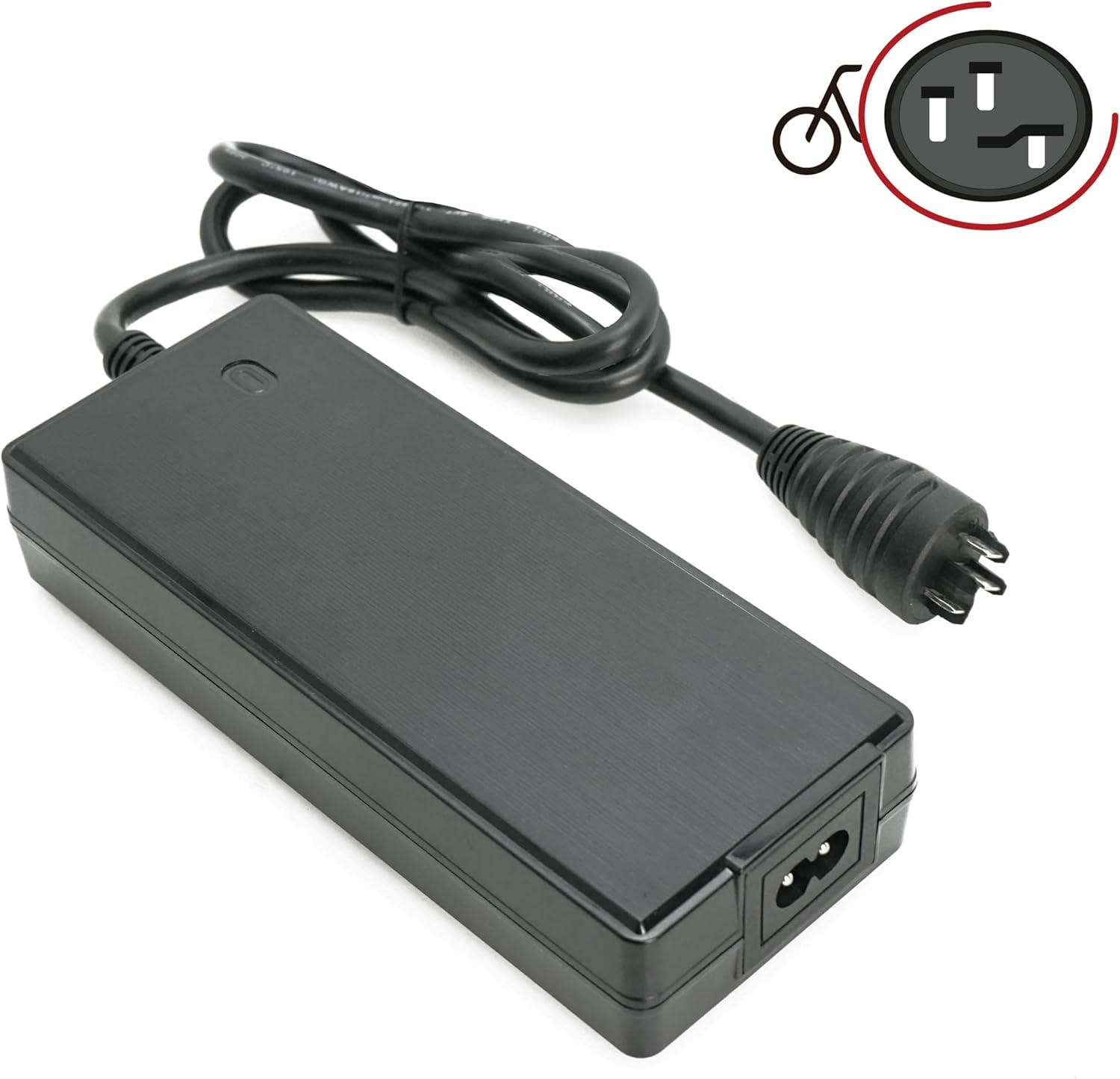 Schwarzes Ladegerät mit Kabel und Stecker, mit kleinem Fahrradsymbol.