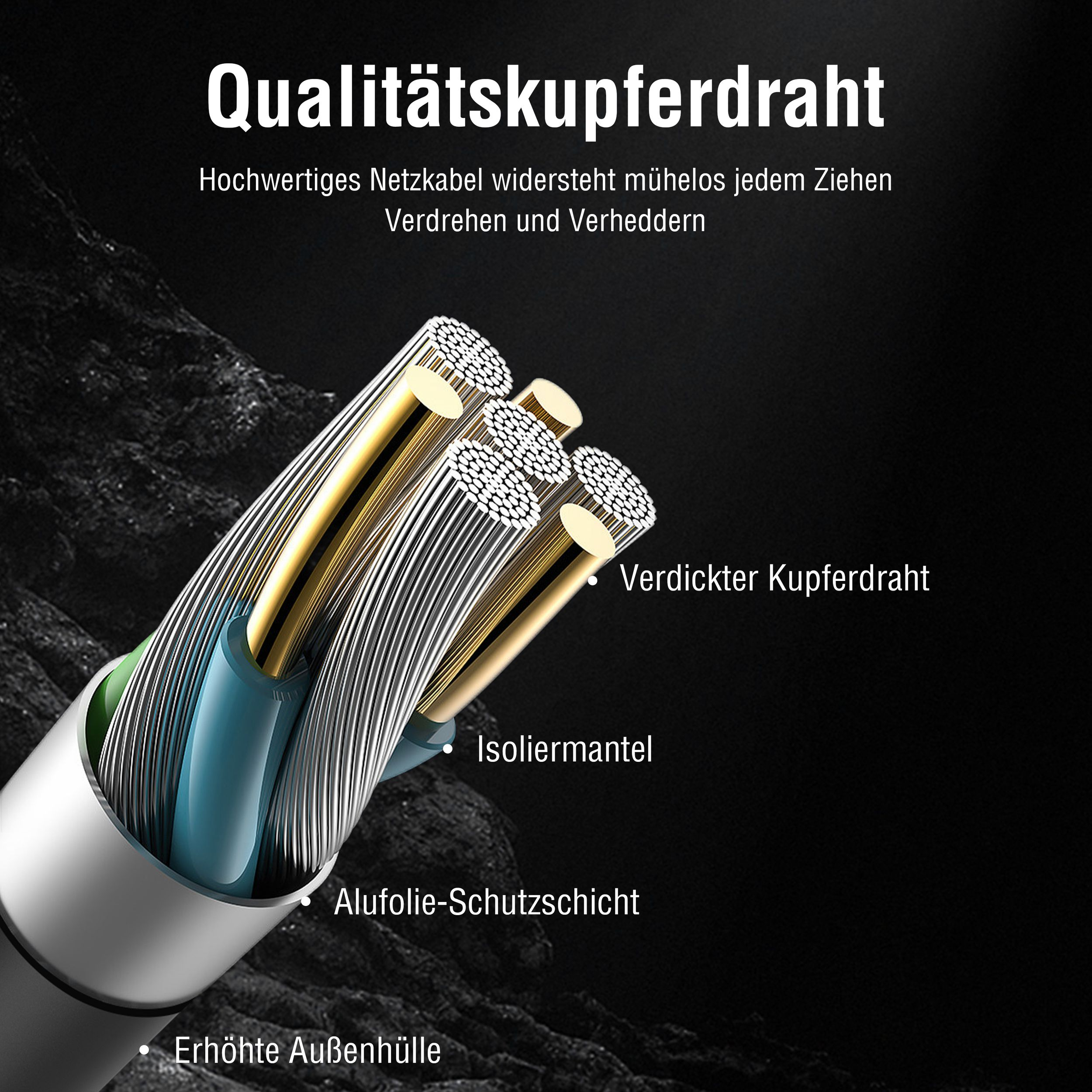 Nahaufnahme eines Stromkabels mit Kupferdraht, Isolierung und Schutzschichten.
