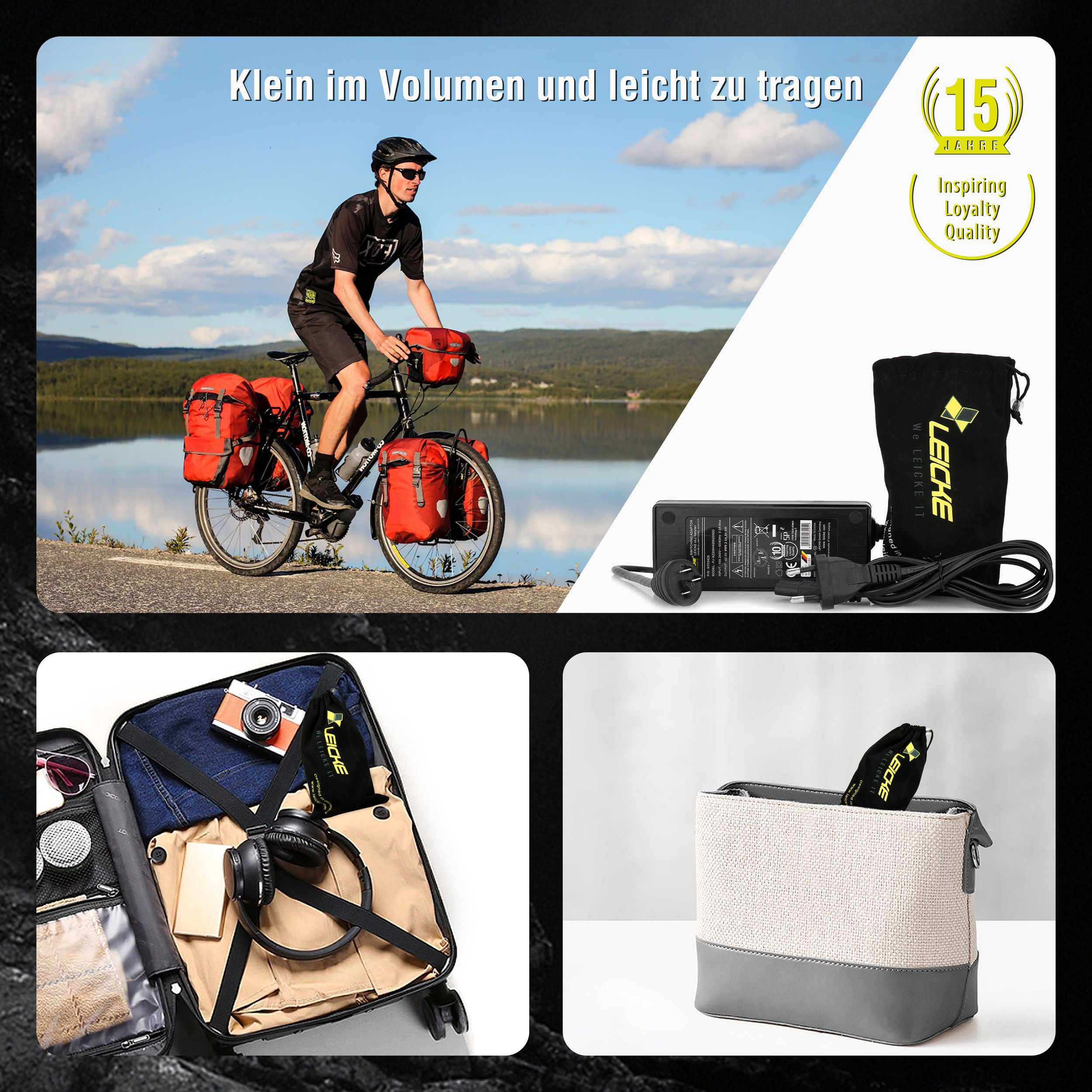 Lifestyle-Aufnahme mit Radfahrer, Gepäck, Ladegerät und Reiseaccessoires.