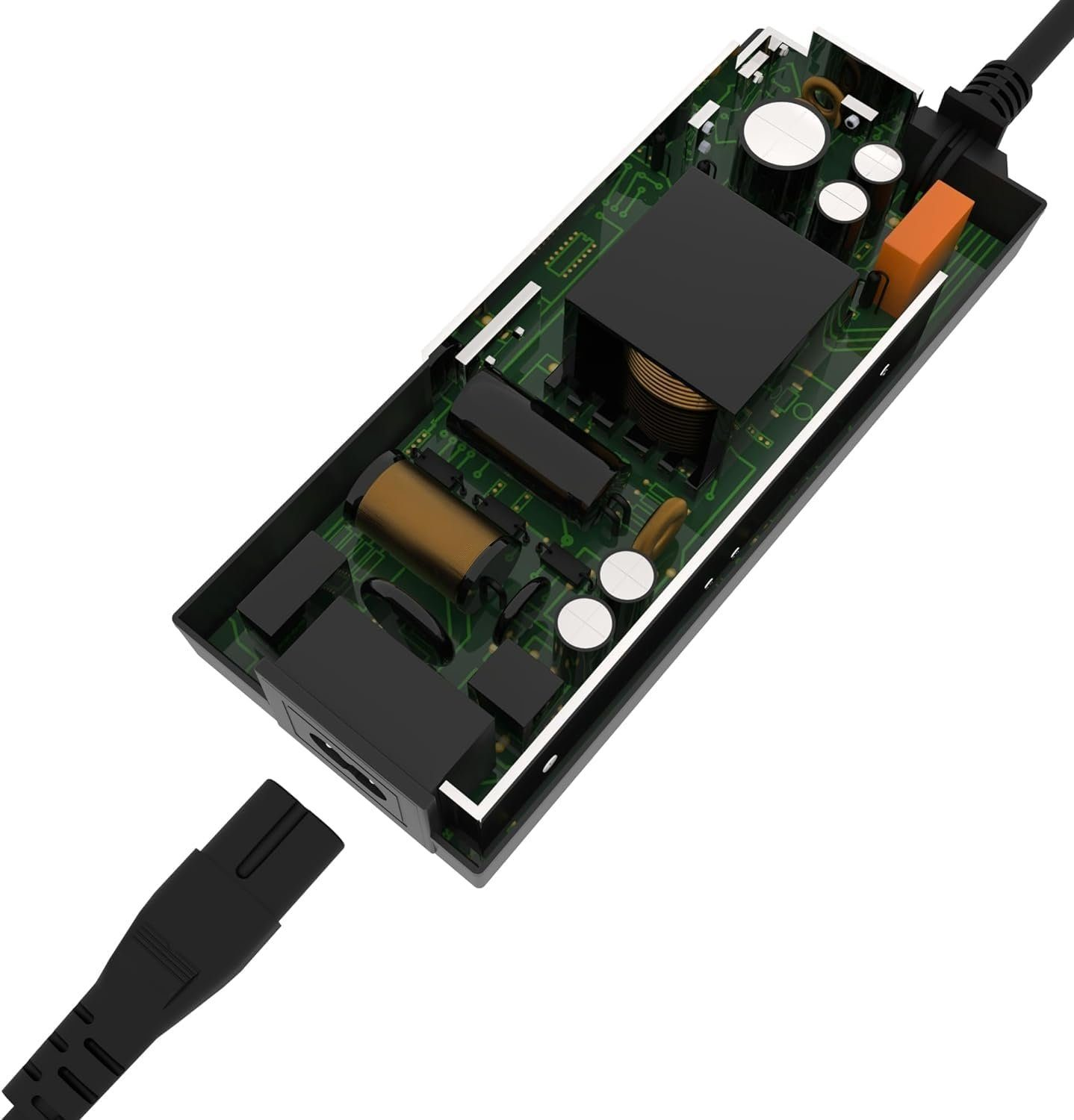 Ein geöffnetes elektronisches Gerät, Komponenten sichtbar. Schwarzes Netzkabel ist angeschlossen.