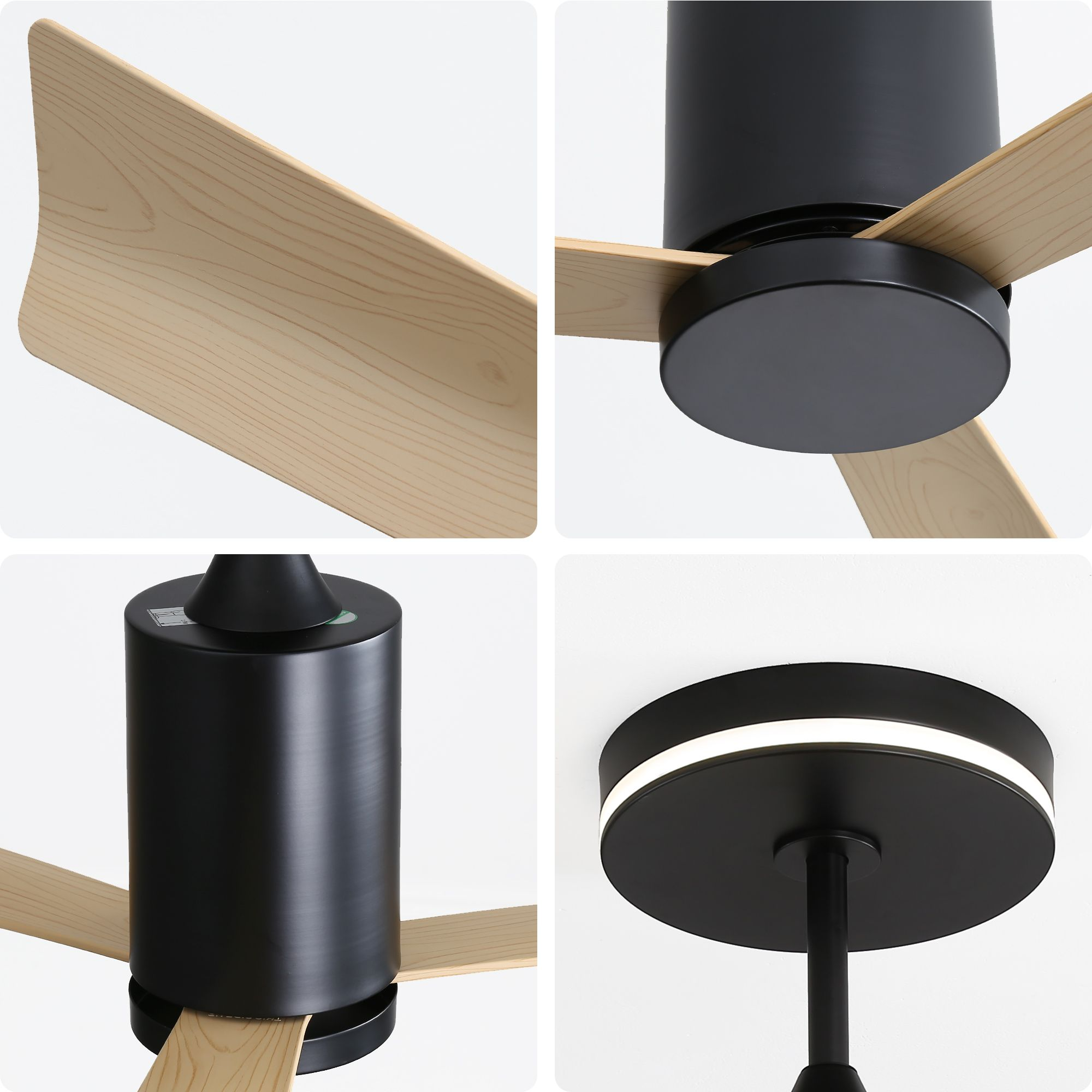 Nahaufnahme eines schwarzen Deckenventilators mit Holzflügeln und Licht.