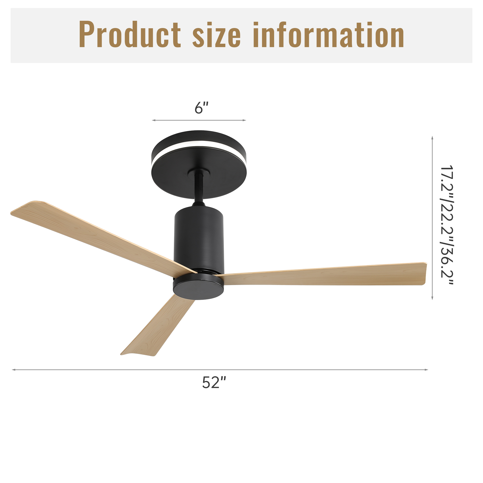 Bild mit Produktabmessungen eines Deckenventilators. 52 Zoll breit und 17,2/22,2/36,2 Zoll lang.