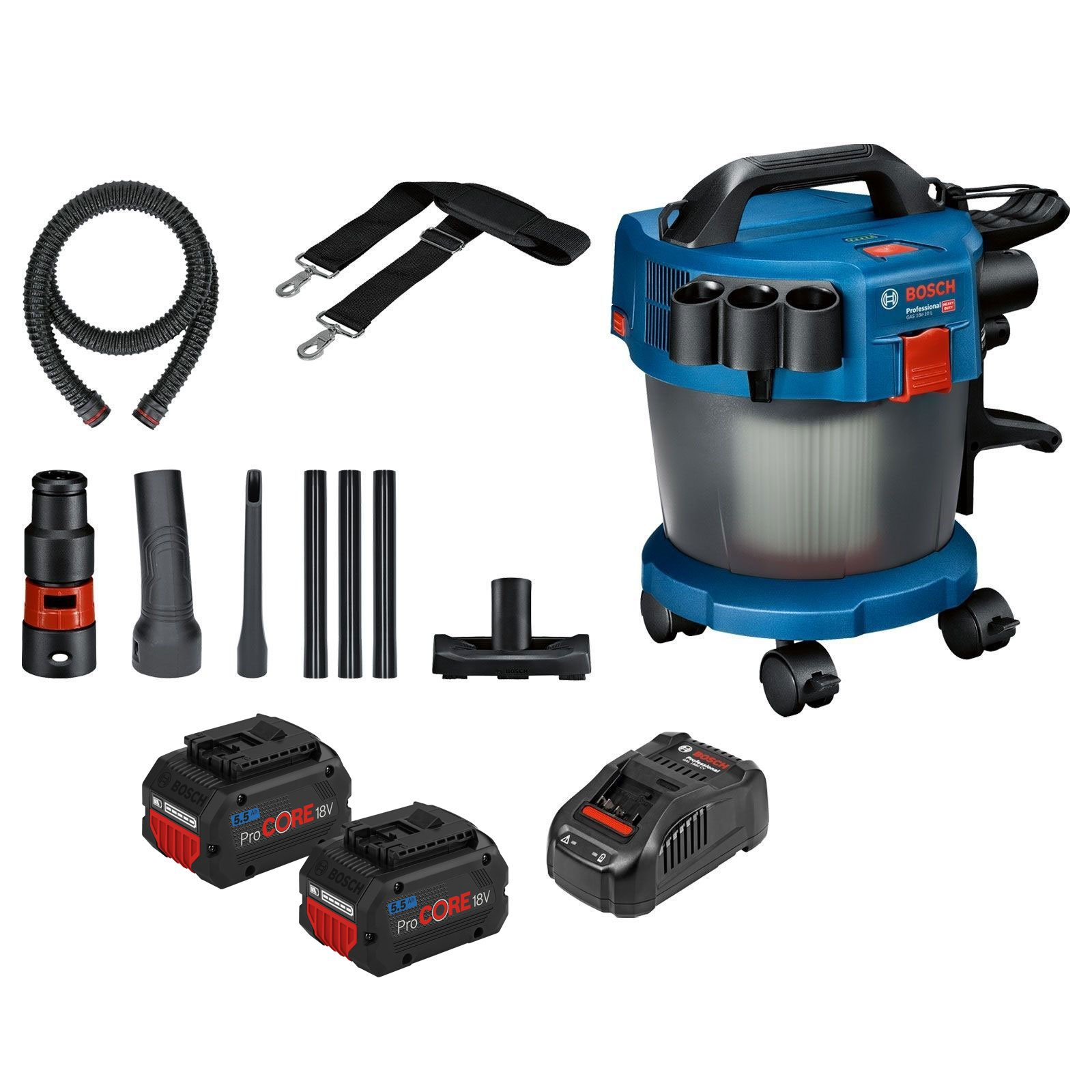 Bosch Staubsauger mit Zubehör, darunter Schläuche, Düsen und Akkus, auf weißem Hintergrund.