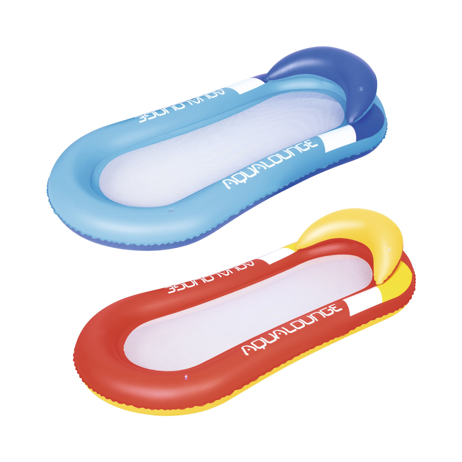Twee opblaasbare zwembaddrijvers, één blauw en één rood, met witte gaascentra.